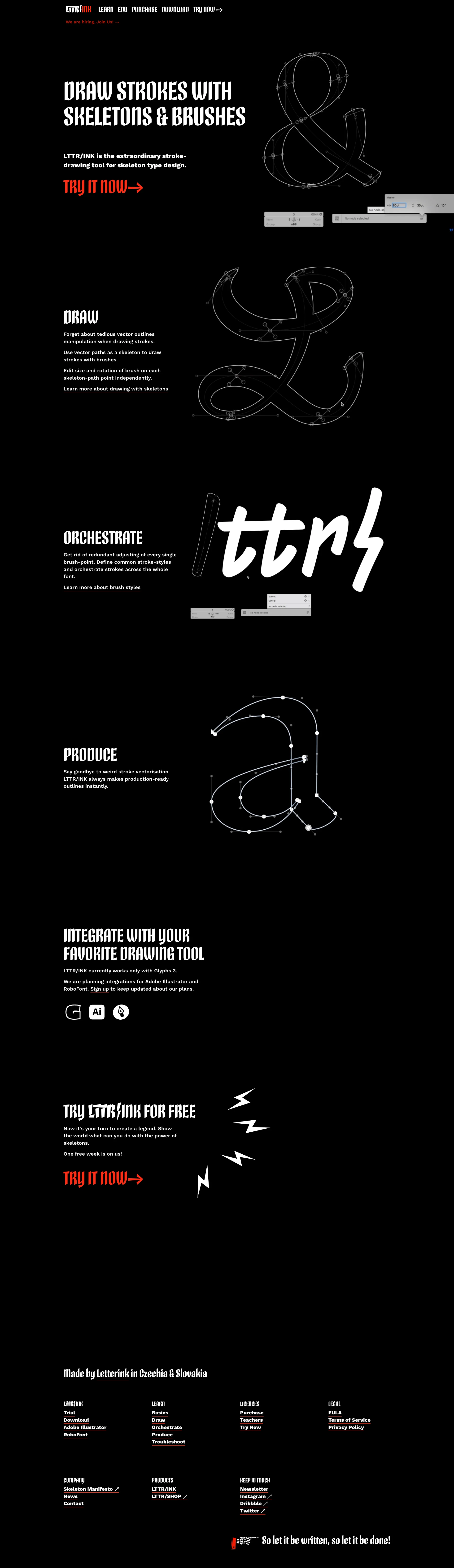 LTTR/INK Landing Page Example: Draw strokes with skeletons and brushes. LTTR/INK is the extraordinary stroke-drawing tool for skeleton type design.
