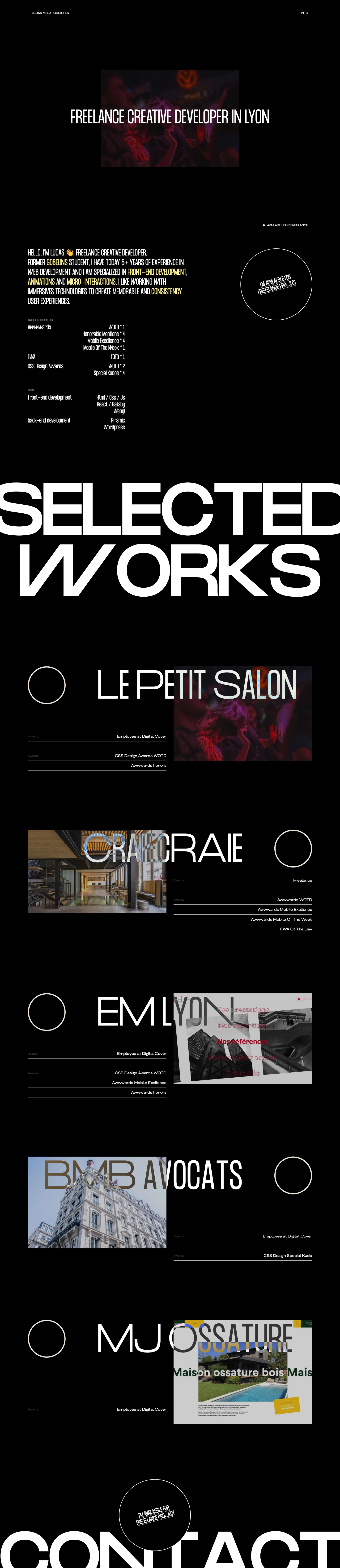 Lucas Mesa Gouiffes Landing Page Example: Freelance creative developper in Lyon specialized in front-end development, animations and micro-interactions.