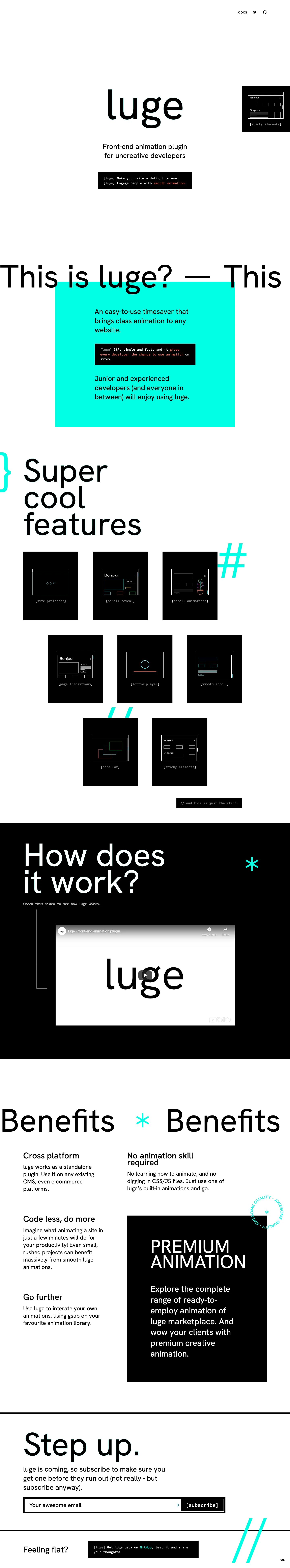 luge Landing Page Example: Front-end animation plugin for uncreative developers. An easy-to-use timesaver that brings class animation to any website. It’s simple and fast, and it gives every developer the chance to use animation.