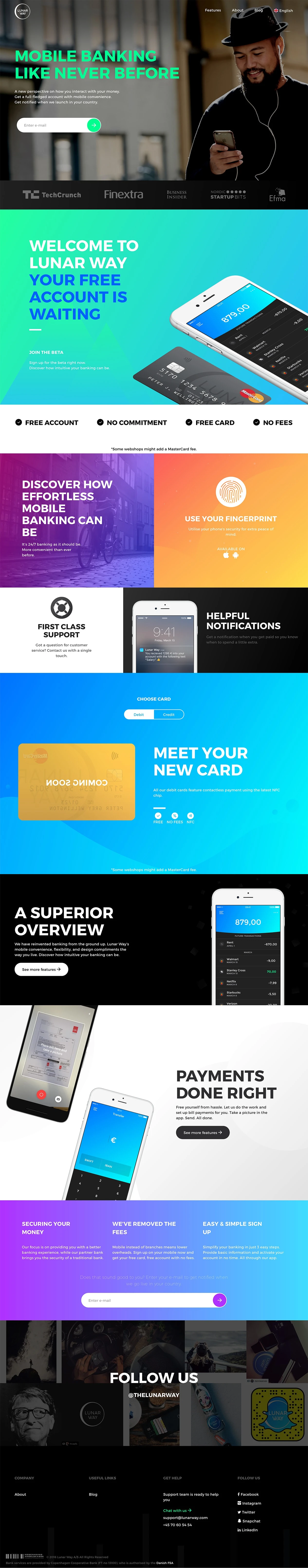 Lunar Way Landing Page Example: Lunar Way is digital banking for the millennial generation. We believe in banking that is easy, personal and driven by mobile technology.