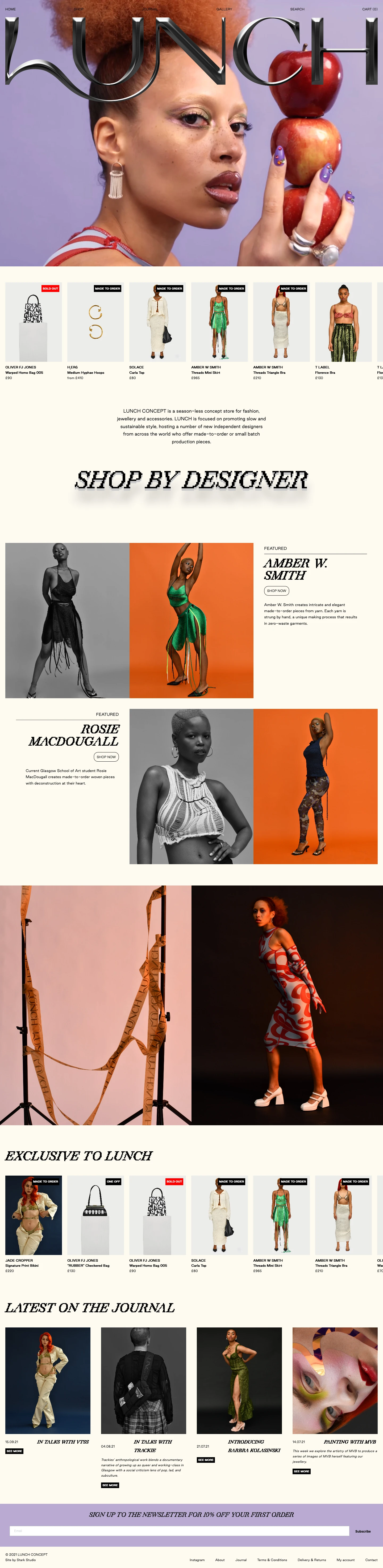 LUNCH Landing Page Example: LUNCH CONCEPT is a season-less concept store for fashion, jewellery and accessories. LUNCH is focused on promoting slow and sustainable style, hosting a number of new independent designers from across the world who offer made-to-order or small batch production pieces. 