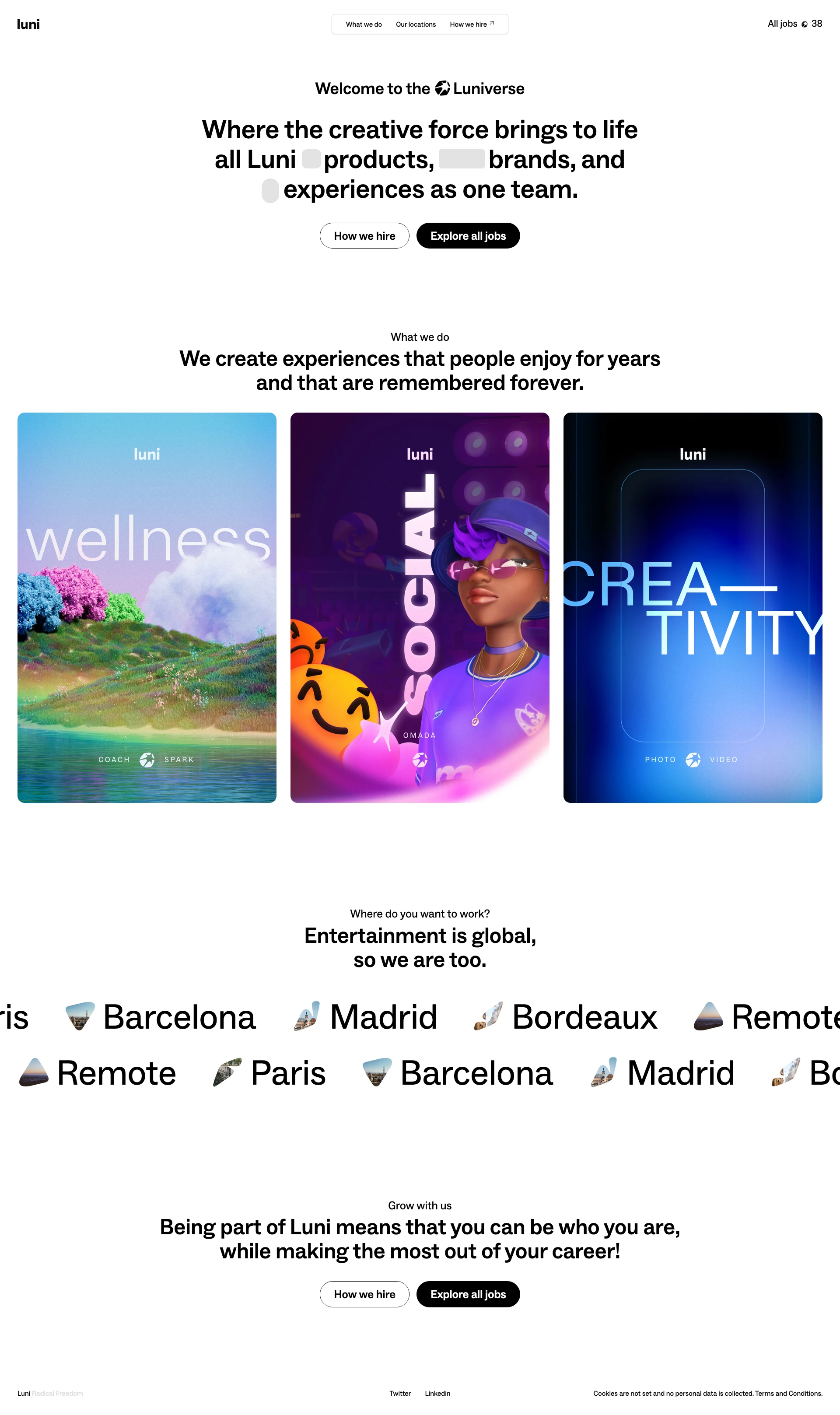 Luni Landing Page Example: Welcome to the Luniverse. Where the creative force brings to life all Luni products, brands, and ‍experiences as one team.