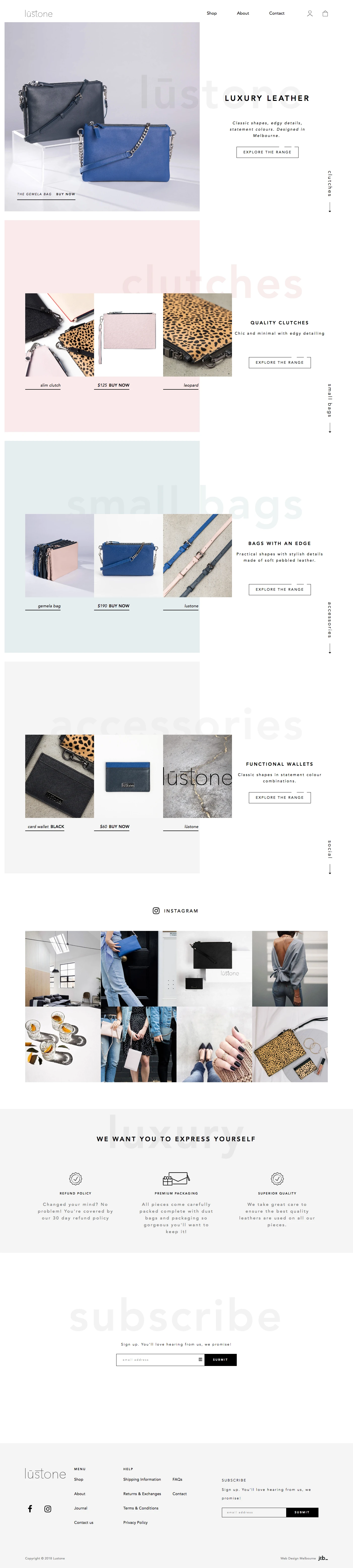 Lustone Landing Page Example: With leather qualities carefully selected and all details considered, Lūstone has aimed to create pieces so stylish you’ll want to show them of but practical enough you’ll actually want to use them.