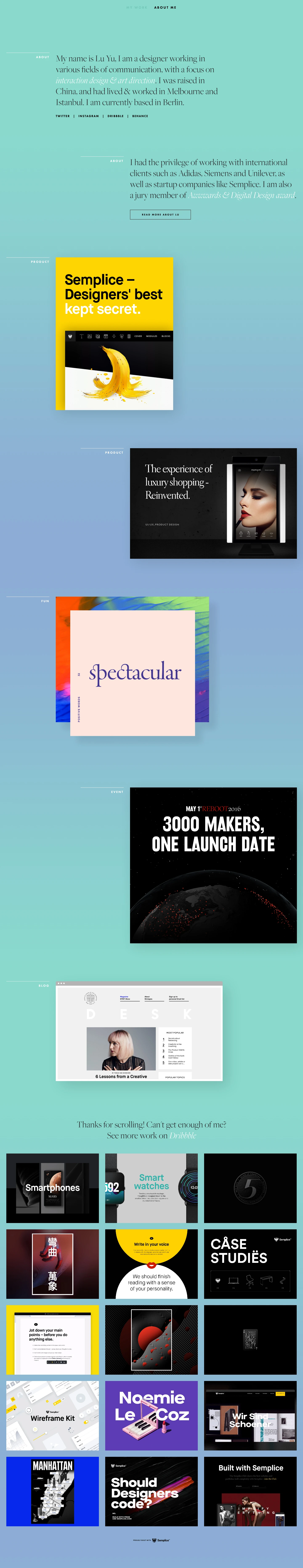 Lu Yu Landing Page Example: A designer working in various fields of communication, with a focus on interaction design & art direction.