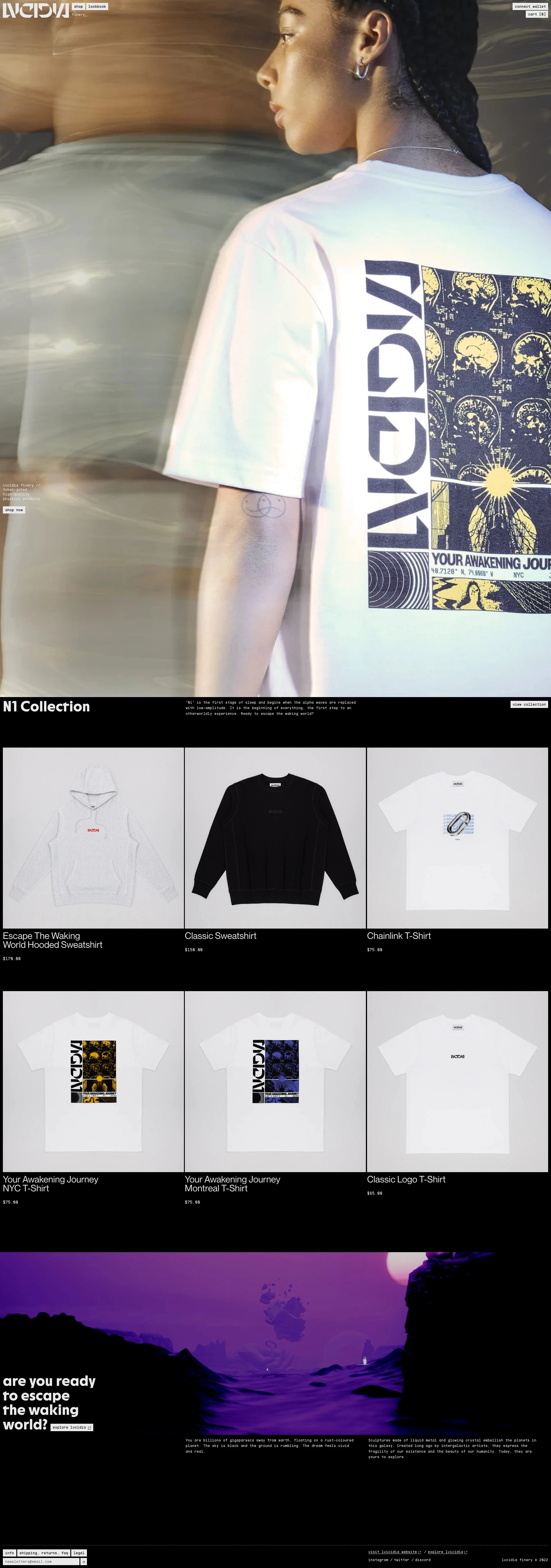 LVCIDIA Finery Landing Page Example: Token-gated high-quality physical products derived from LVCIDIA, the virtual exploratory art experience created by Fvckrender.
