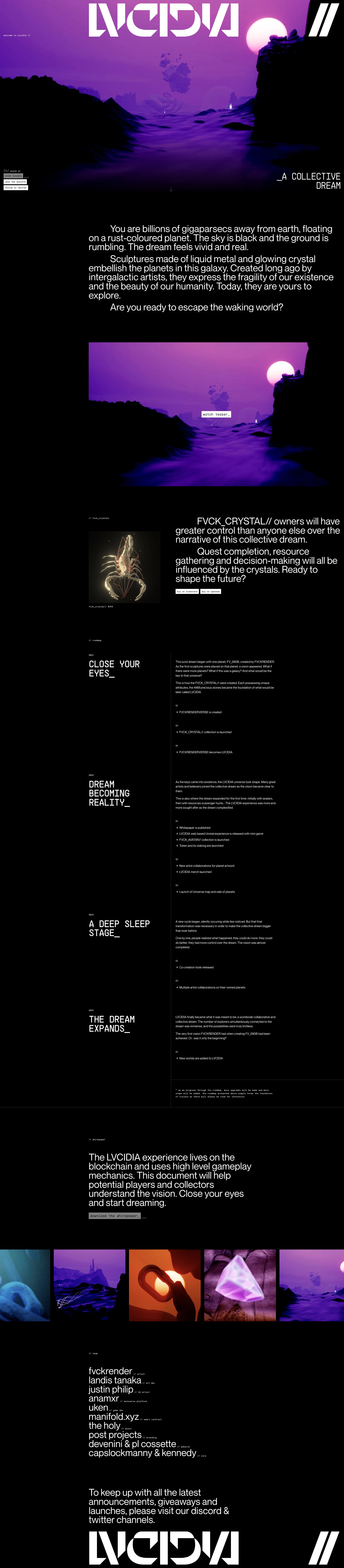 LVCIDIA// Landing Page Example: Are you ready to escape the waking world? Lvcidia is a space-themed gaming metaverse that allows players to explore, gather resources, and interact with other players.