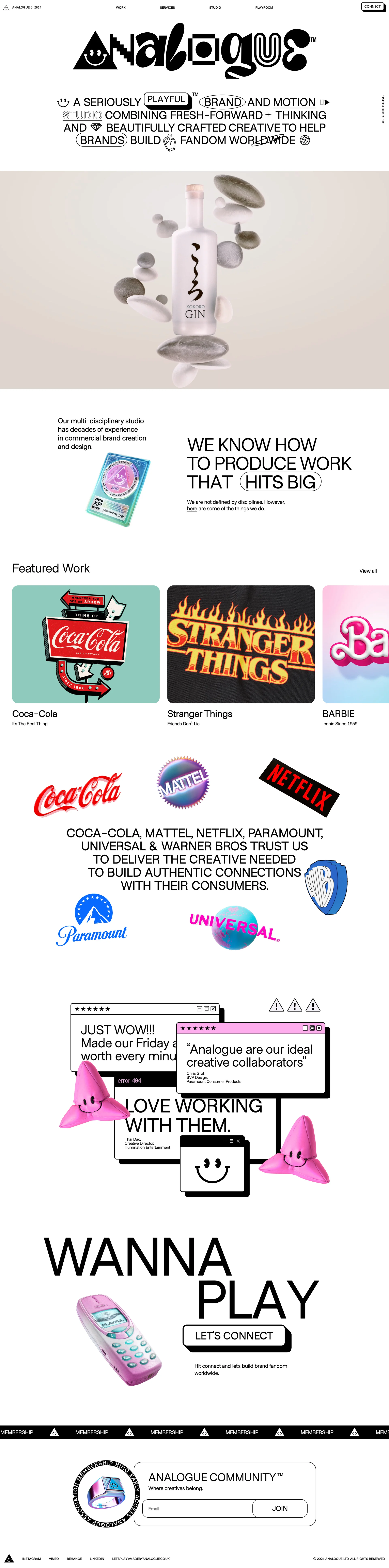 ANALOGUE Landing Page Example: A seriously playful brand and motion studio combining fresh-forward thinking and beautifully crafted creative to help brands build fandom worldwide.