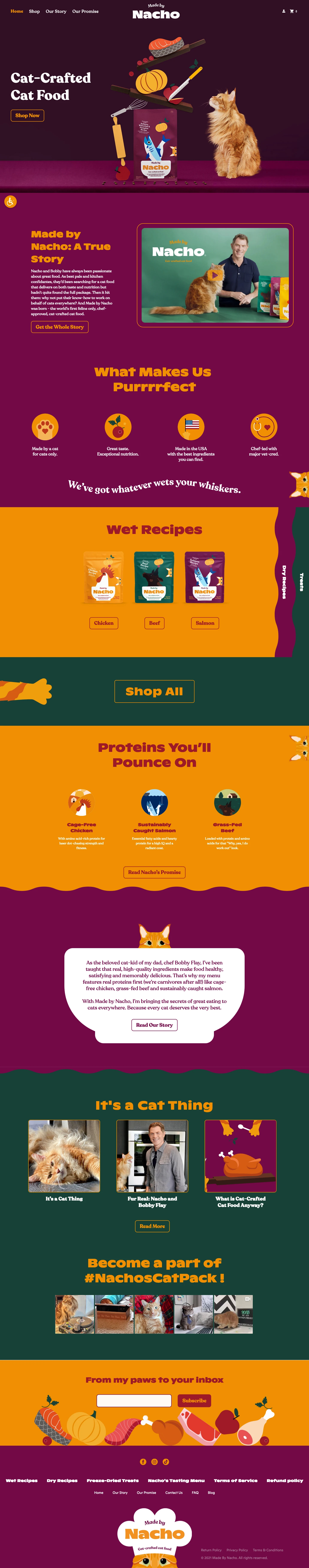 Made by Nacho Landing Page Example: Made by Nacho is Crafted in the USA. Using the finest globally sourced ingredients. We promise that every one of our recipes delivers great taste and total cat-specific nutrition.