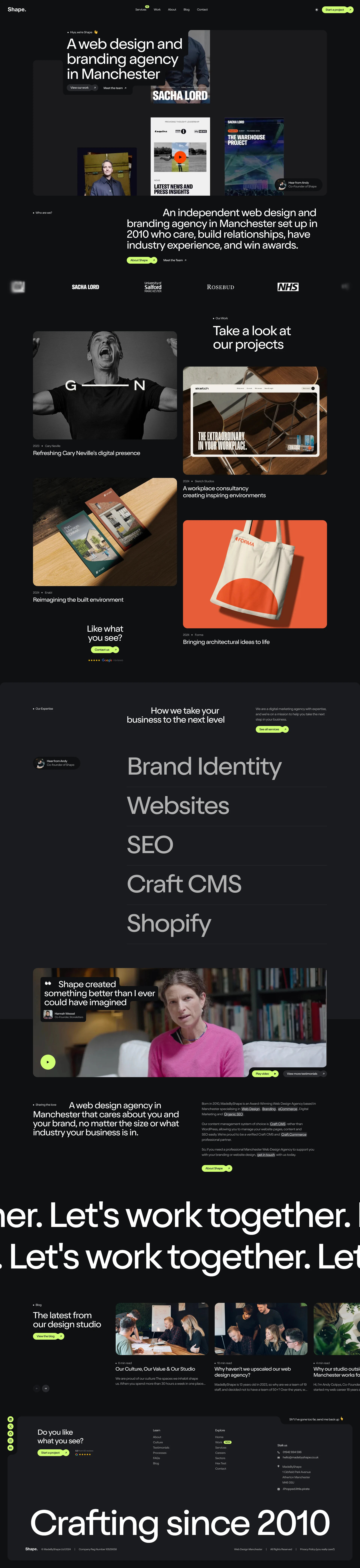 MadeByShape Landing Page Example: An independent web design and branding agency in Manchester set up in 2010 who care, build relationships, have industry experience, and win awards. 