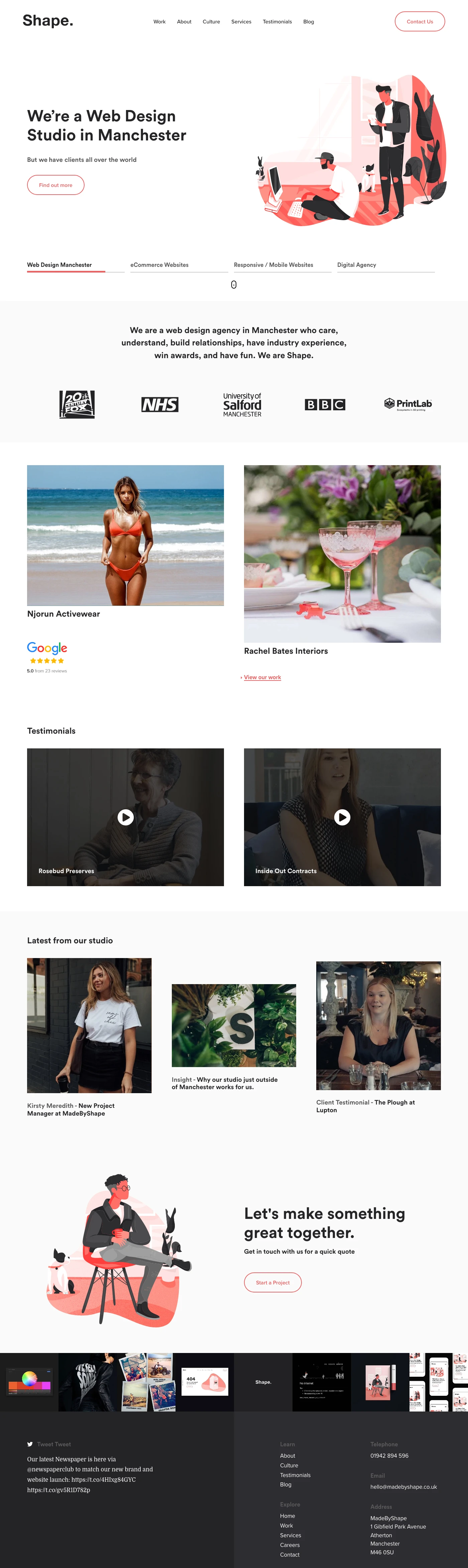 MadeByShape Landing Page Example: We are a web design agency in Manchester who care, understand, build relationships, have industry experience, win awards, and have fun. We are Shape.
