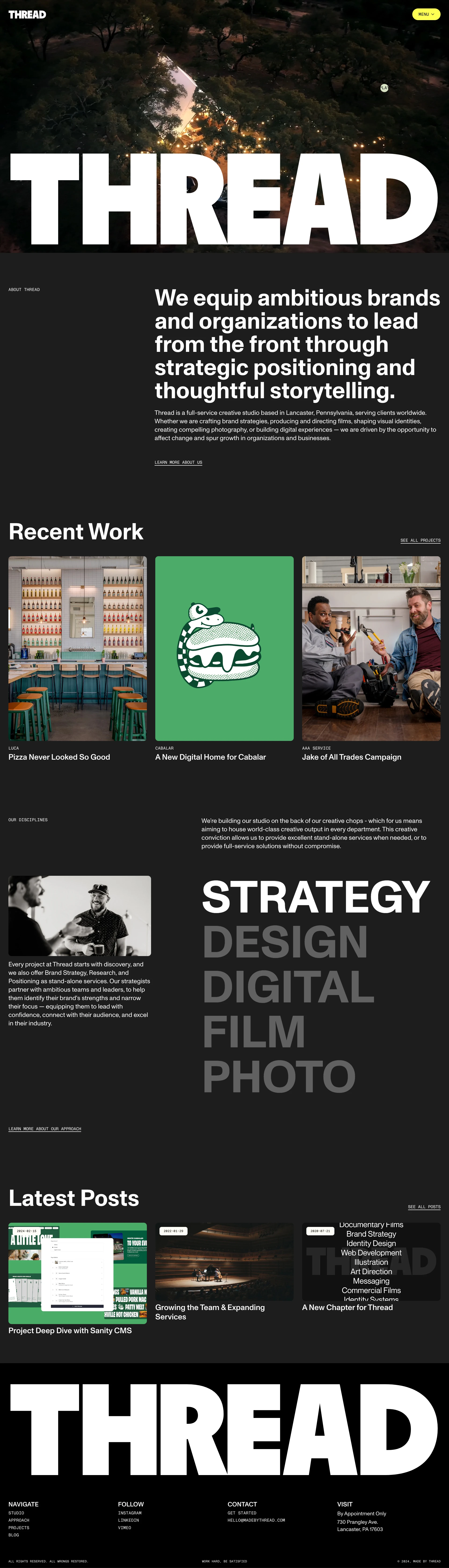 Thread Landing Page Example: Elevate your brand with Thread, a full service creative studio crafting meaningful stories through strategy, design, film, photo, and digital experiences.