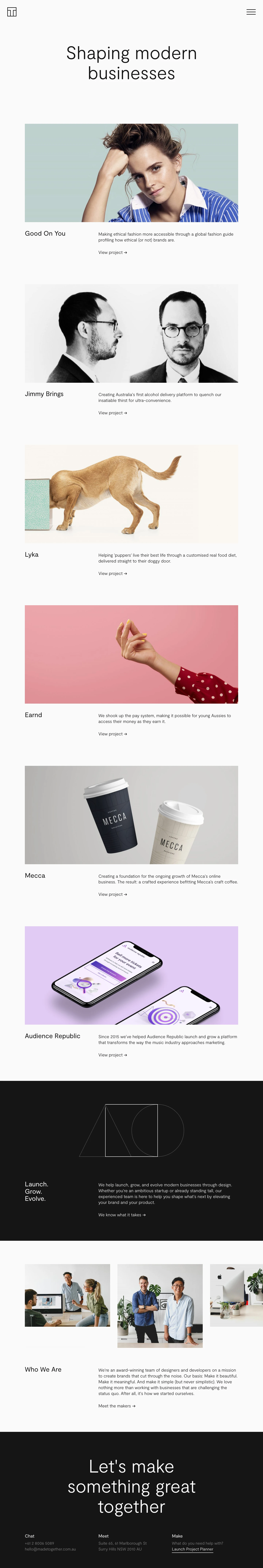 Made Together Landing Page Example: We are a digital product & brand studio. We help launch, grow, and evolve modern businesses through branding, digital product design, and web development.