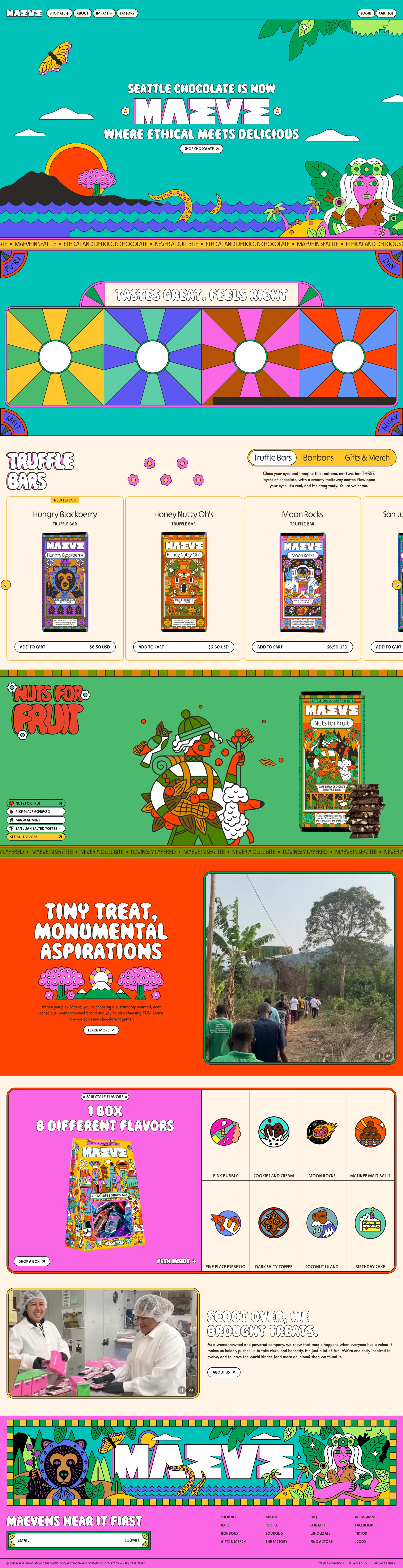 Maeve Chocolate Landing Page Example: Join us in the magical world of Maeve Chocolate, formerly Seattle Chocolate, where ethical meets delicious. Inventive flavors, meltaway chocolate truffle bars, and bonbons crafted in Seattle.