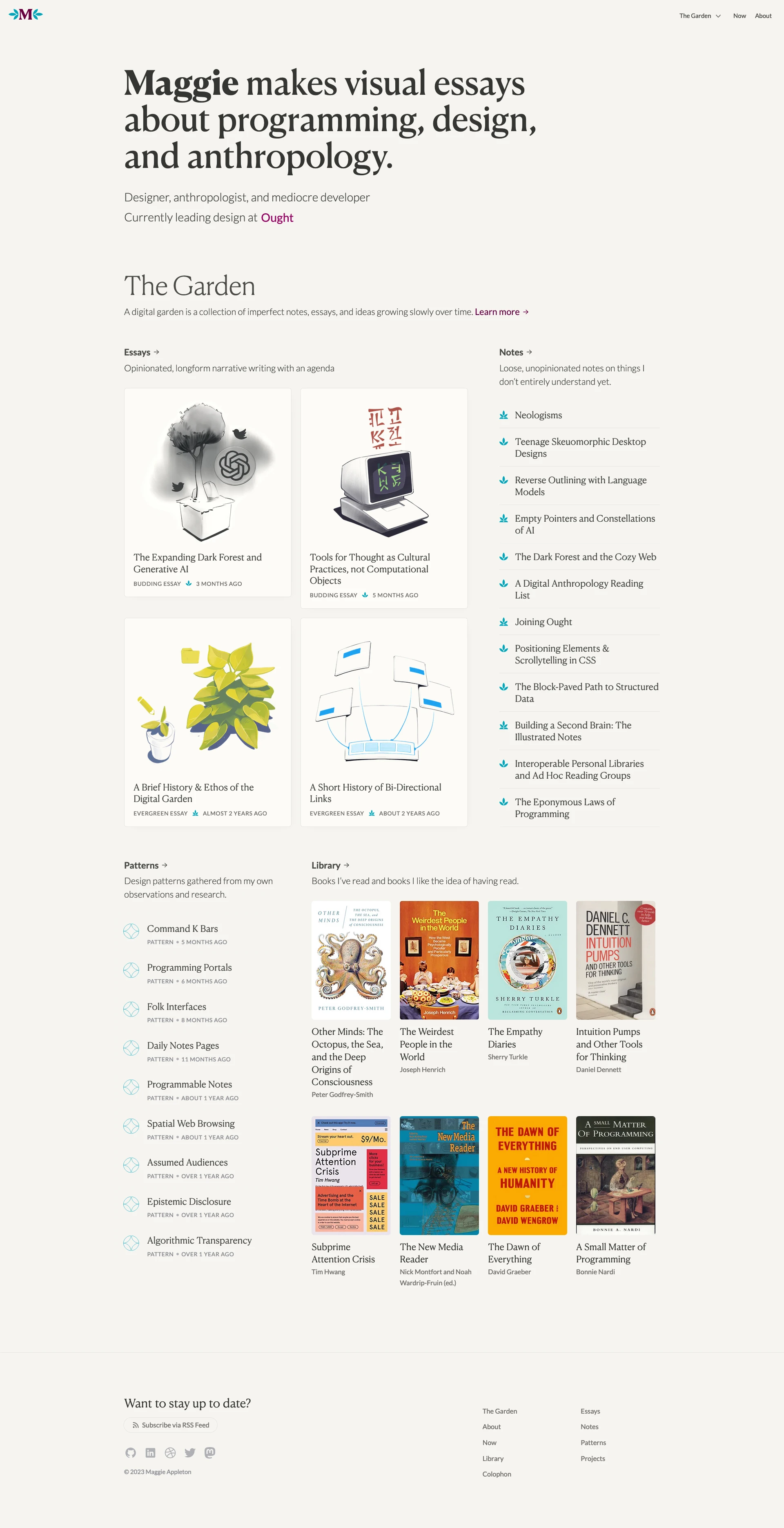 Maggie Appleton Landing Page Example: Maggie's digital garden filled with visual essays on programming, design, and anthropology.