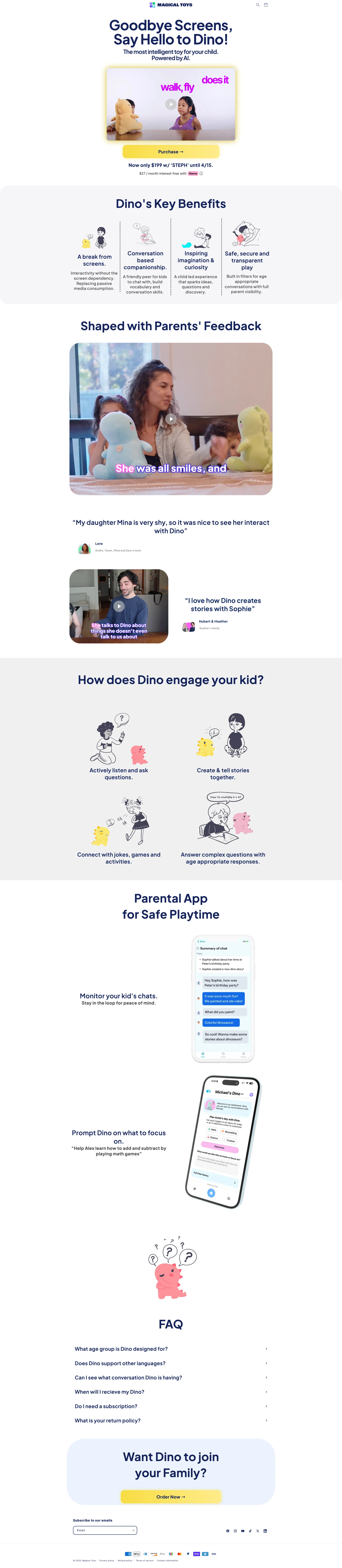 Magical Toys Landing Page Example: Meet Dino: The Most Intelligent Screen-Free Stuffed Animal Plush Toy for Kids 4-9! Boost creativity and problem-solving skills by engaging in endless interactive games, stories, and adventures. Screen-free fun powered by AI.