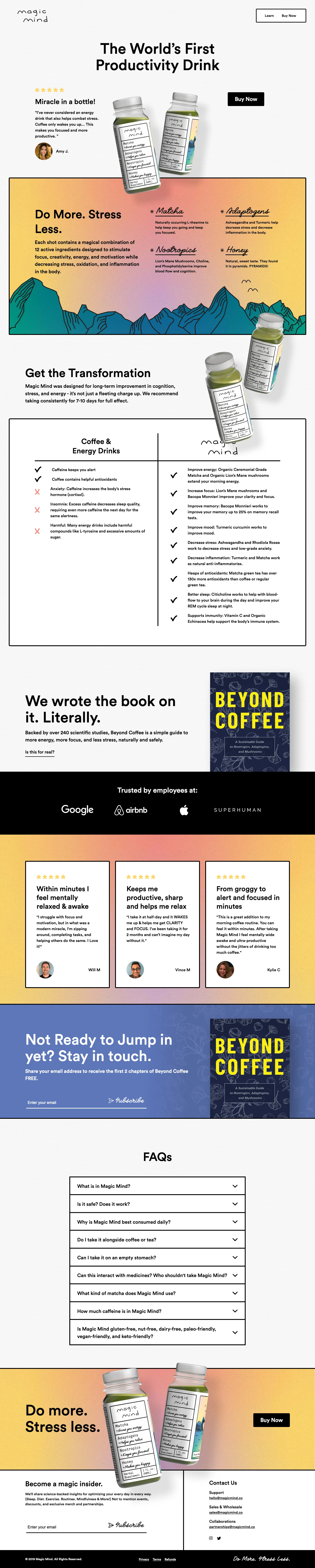 Magic Mind Landing Page Example: The world’s first productivity drink. Your new morning ritual for steady energy, a sharper mind, and less stress.
