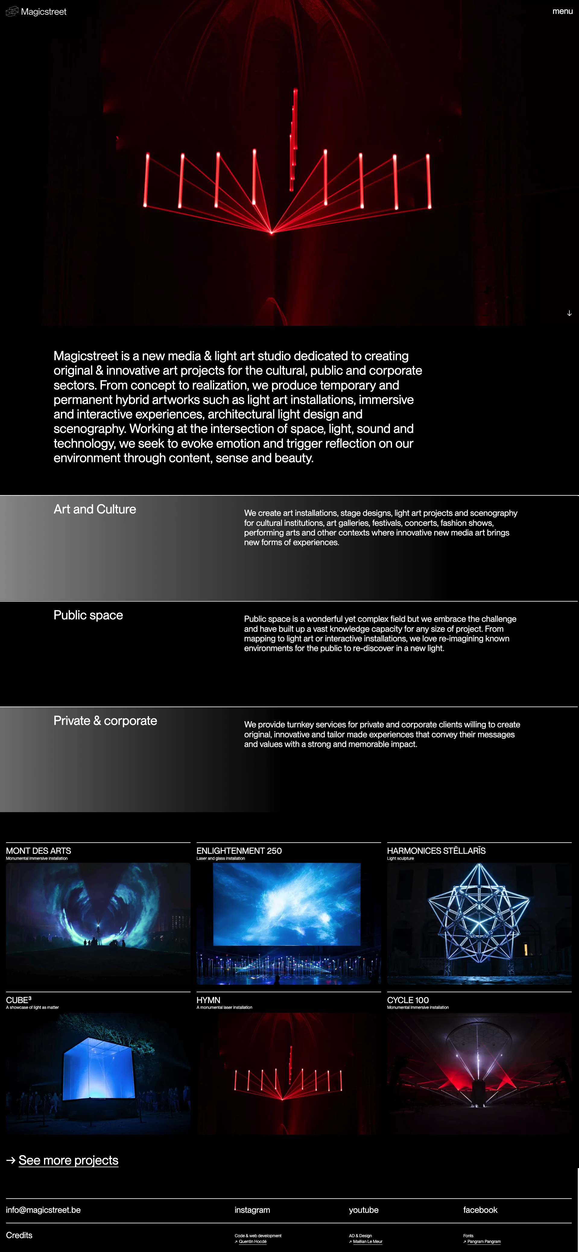 Magicstreet Landing Page Example: Magicstreet is a new media and Light art studio dedicated to creating unique art projects for the cultural, public and corporate sectors.
