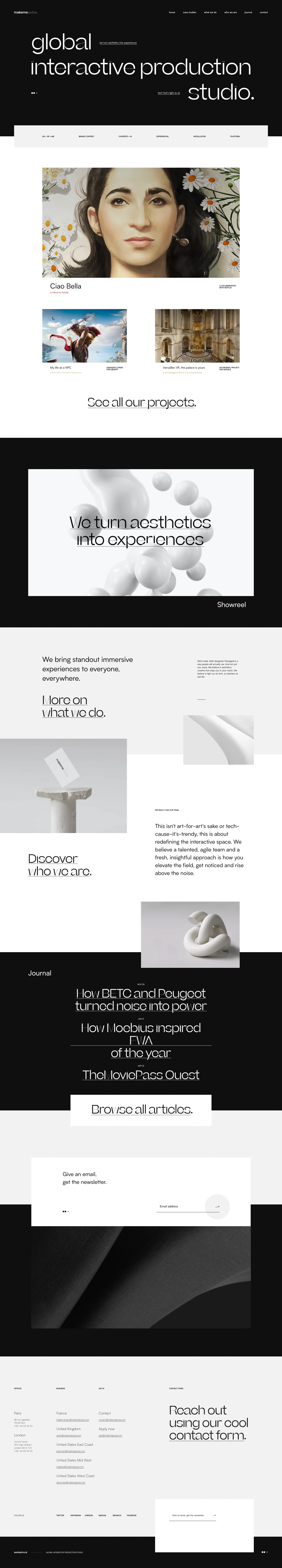 makemepulse Landing Page Example: makemepulse is a global interactive production studio. We turn aesthetics into experiences. Light-as-air tech with purpose.