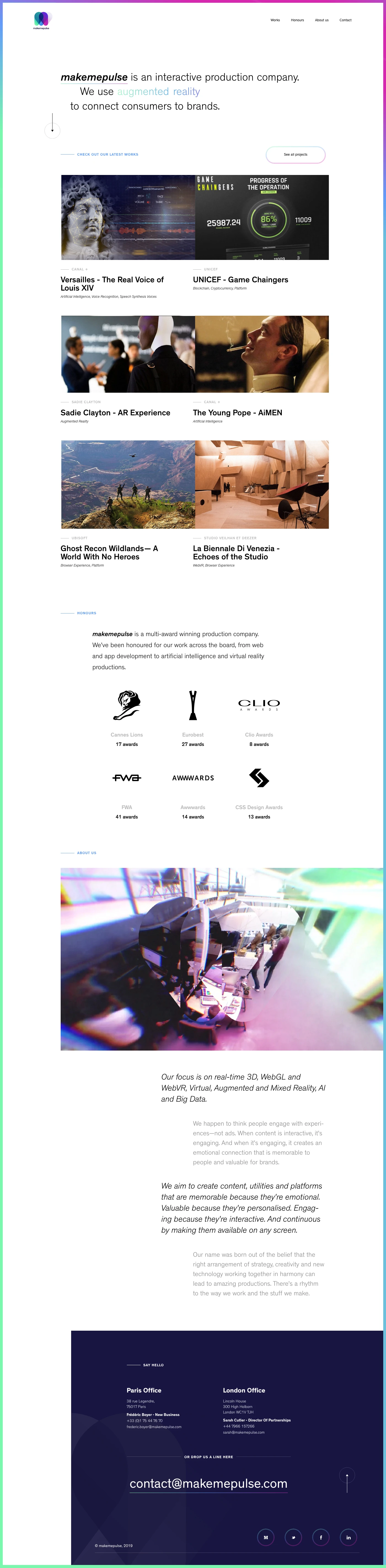 makemepulse Landing Page Example: makemepulse is an interactive production company. We use emerging technologies to connect consumers to brands.