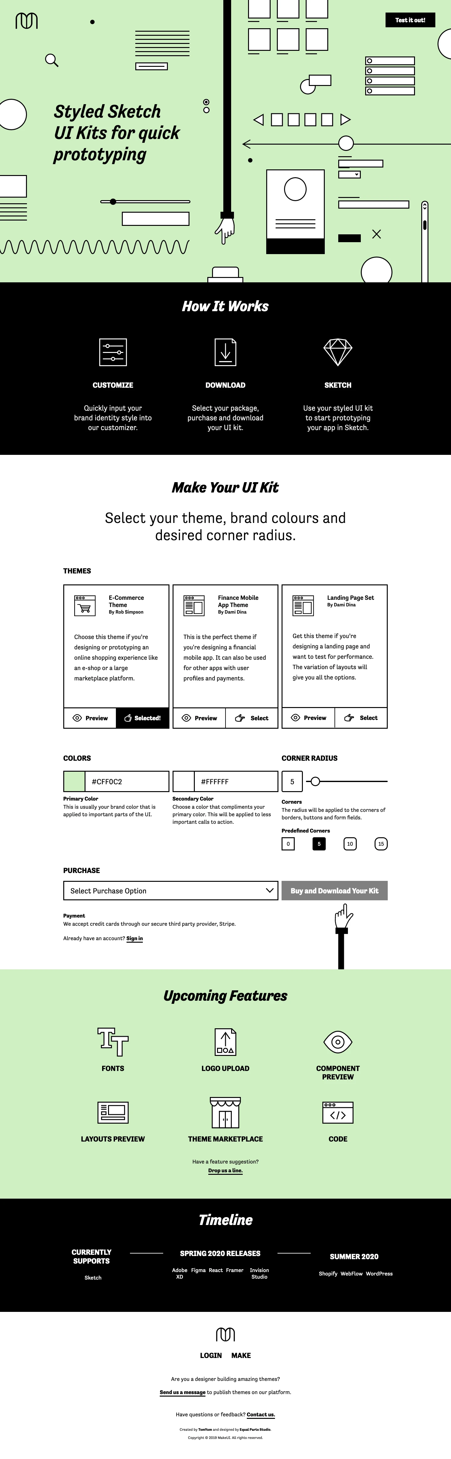 MakeUI Landing Page Example: MakeUI is a tool which can generate a customized UI kit for you, with your input of a few of your brand identity attributes.
