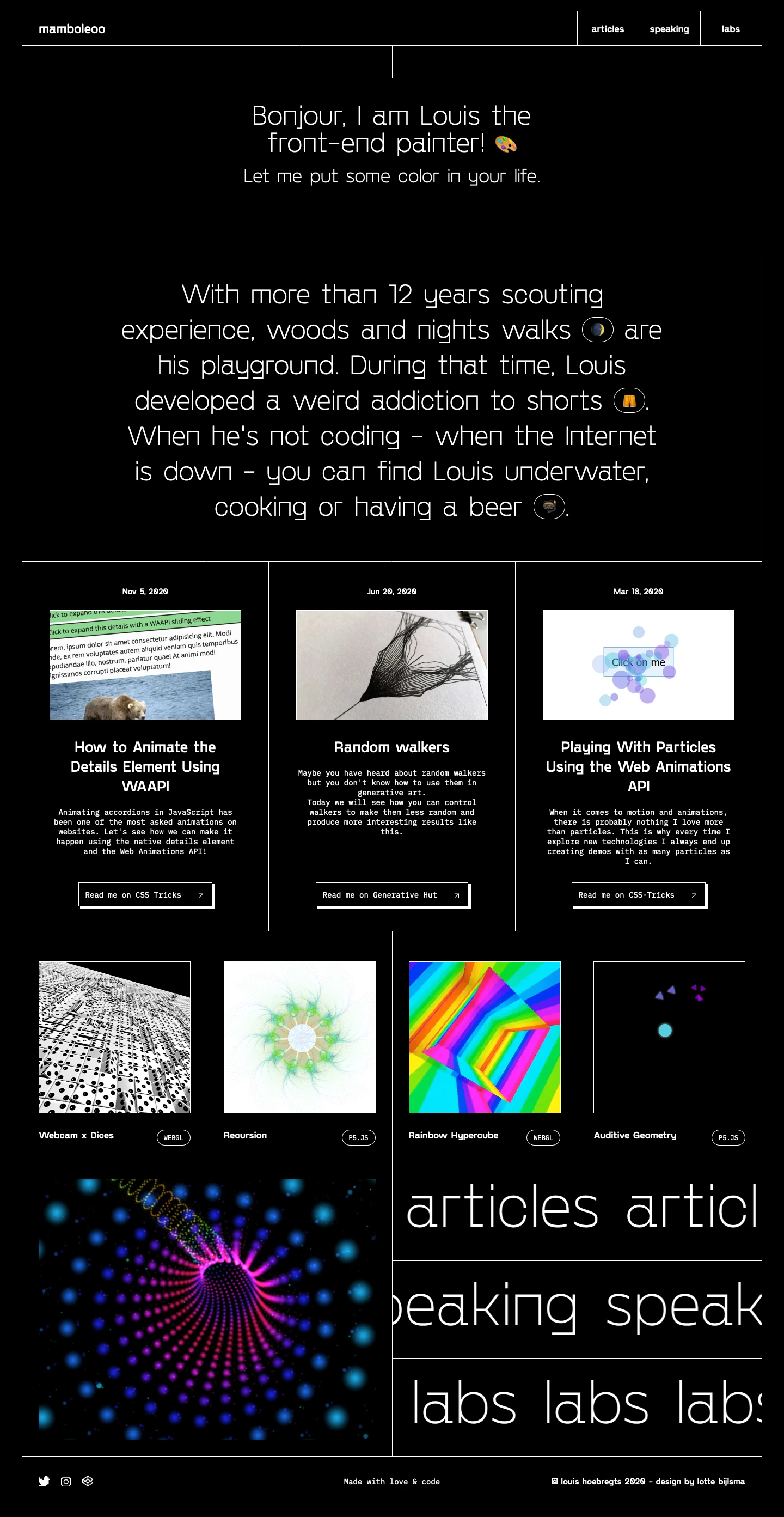 Mamboleoo Landing Page Example: Bonjour, I am Louis the front-end physiotherapist! I can help with your flex issues. With more than 12 years scouting experience, woods and nights walks 🌒 are his playground. During that time, Louis developed a weird addiction to shorts 🩳. When he's not coding - when the Internet is down - you can find Louis underwater, cooking or having a beer.
