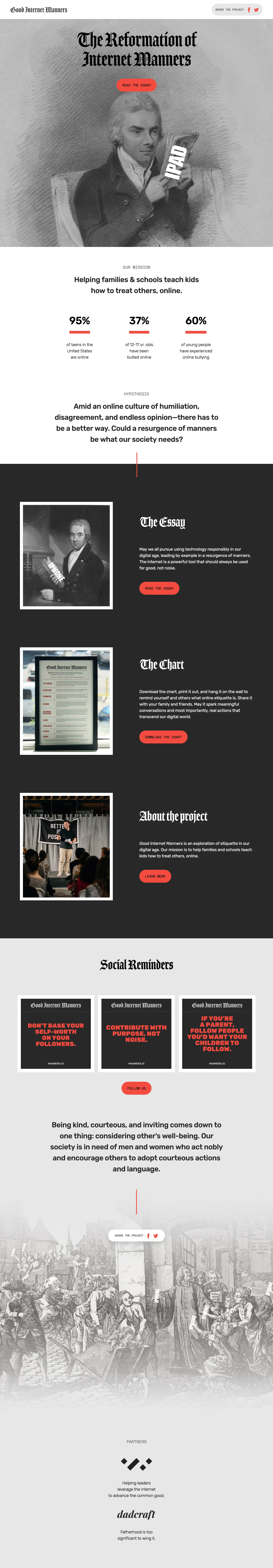 Good Internet Manners Landing Page Example: Good Internet Manners is an exploration of etiquette in our digital age. We create and curate resources for parents, companies, and schools.
