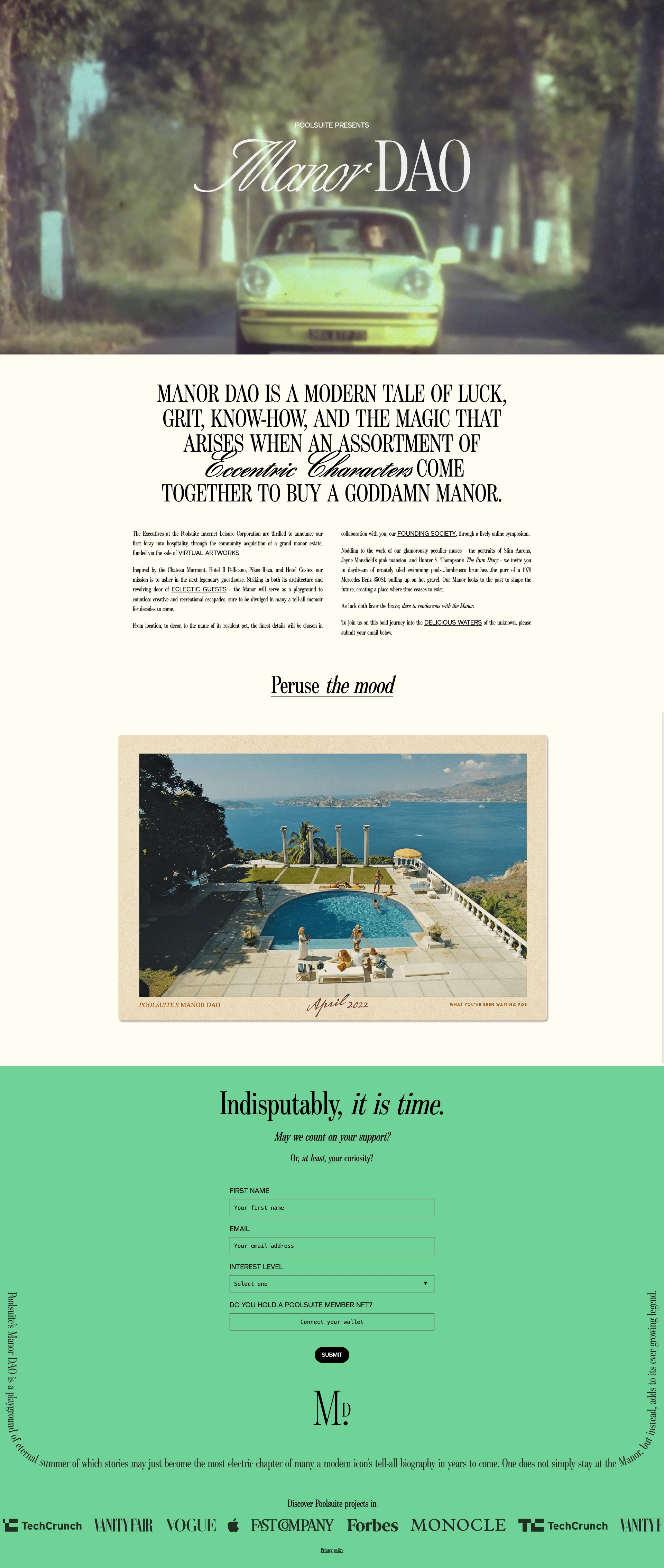 Manor DAO Landing Page Example: Manor DAO is a modern tale of luck, grit, know-how, and the magic that arises when an assortment of eccentric characters come together to own a goddamn manor.