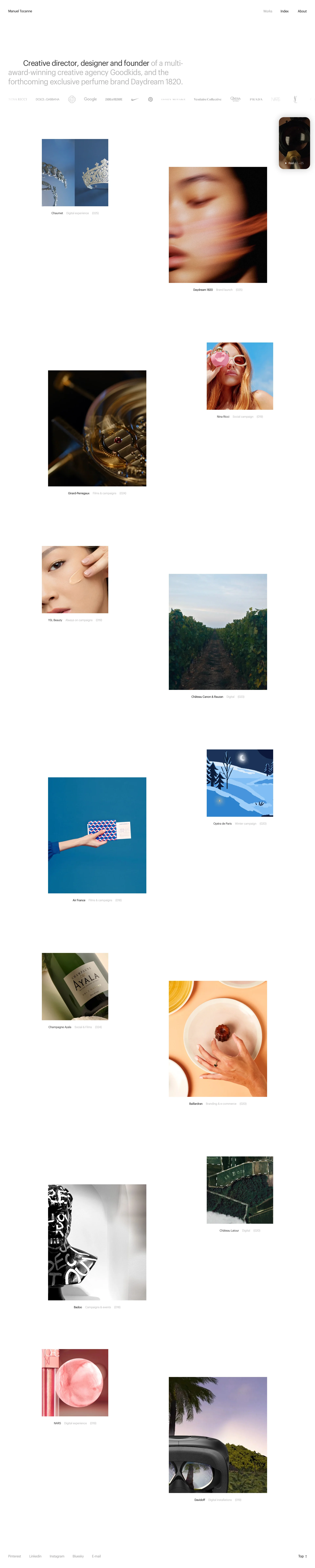 Manuel Tocanne Landing Page Example: Creative director, designer and founder of a multi-award-winning creative agency Goodkids, and the forthcoming exclusive perfume brand Daydream 1820.