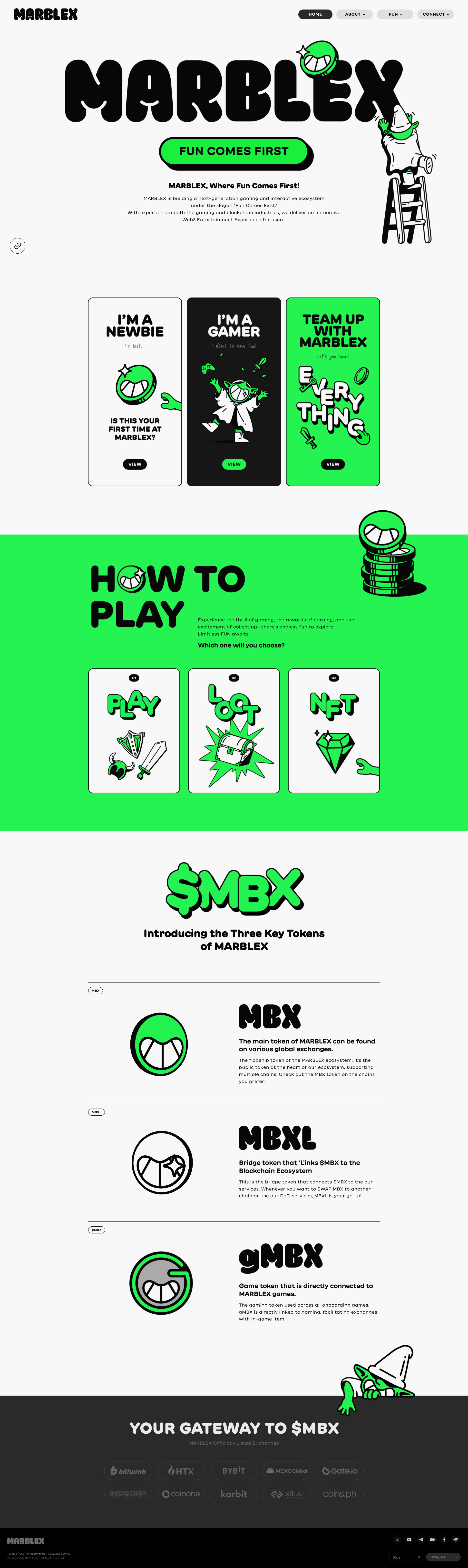 Marblex Landing Page Example: MARBLEX is building a next-generation gaming and interactive ecosystem under the slogan: Fun Comes First. With experts from both the gaming and blockchain industries, we deliver an immersive Web3 Entertainment Experience for users.