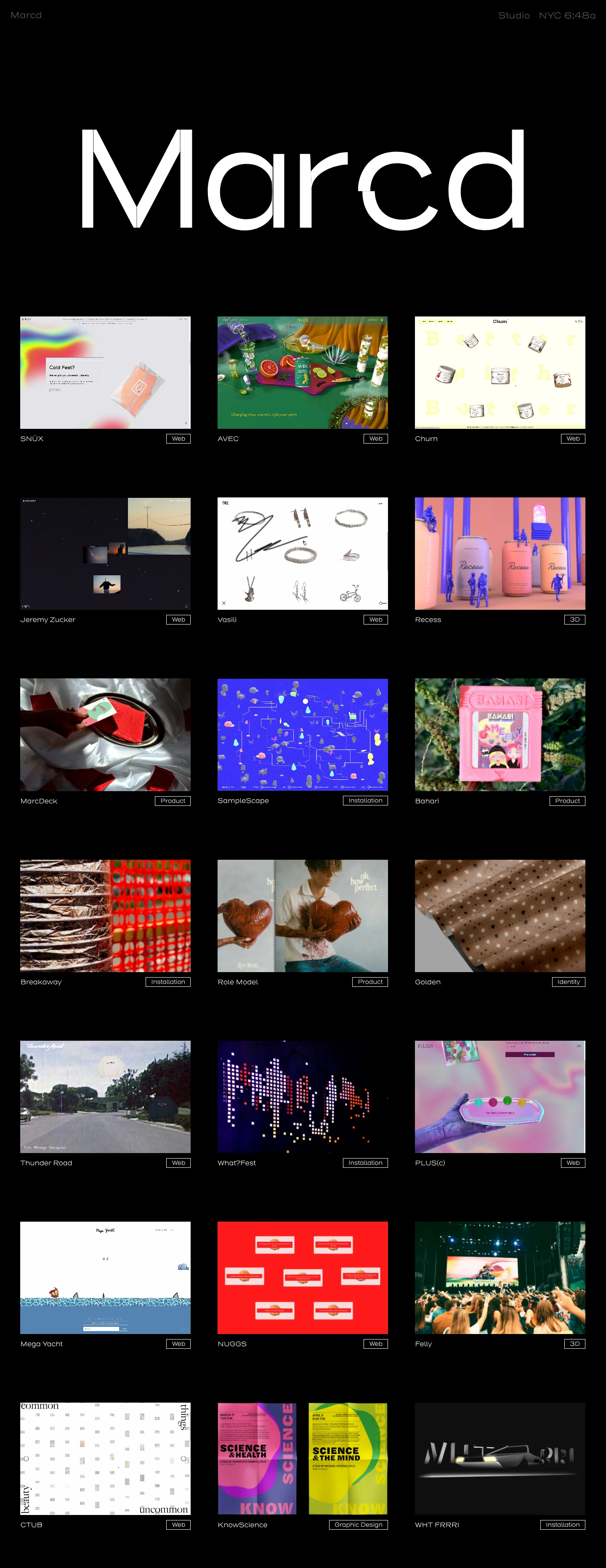 Marcd Landing Page Example: Marcd is an NYC multidisciplinary design studio making interactive products both physically and digitally in the form of websites, games, apps, animations, installations, videos, identities, and more.