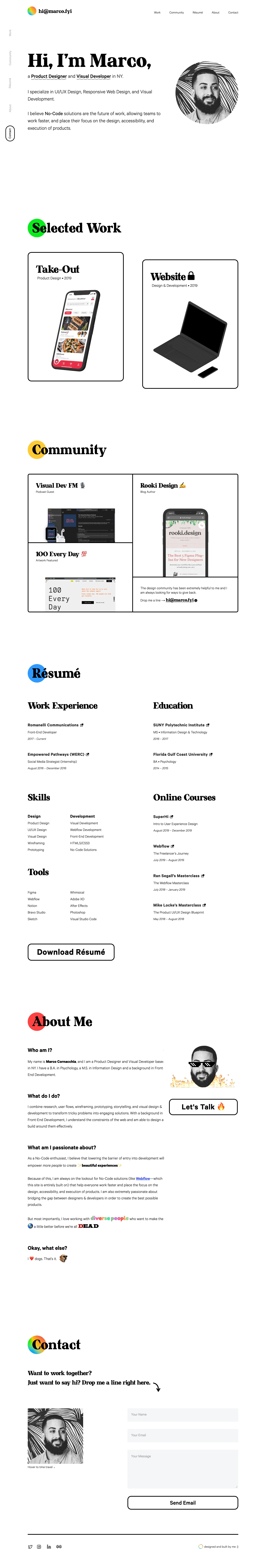 Marco Cornacchia Landing Page Example: I'm a Product Designer and Visual Developer who specializes in UI/UX Design, Responsive Web Design, and Visual Development. I believe No-Code solutions are the future of work, allowing teams to work faster, and place their focus on the design, accessibility, and execution of products.