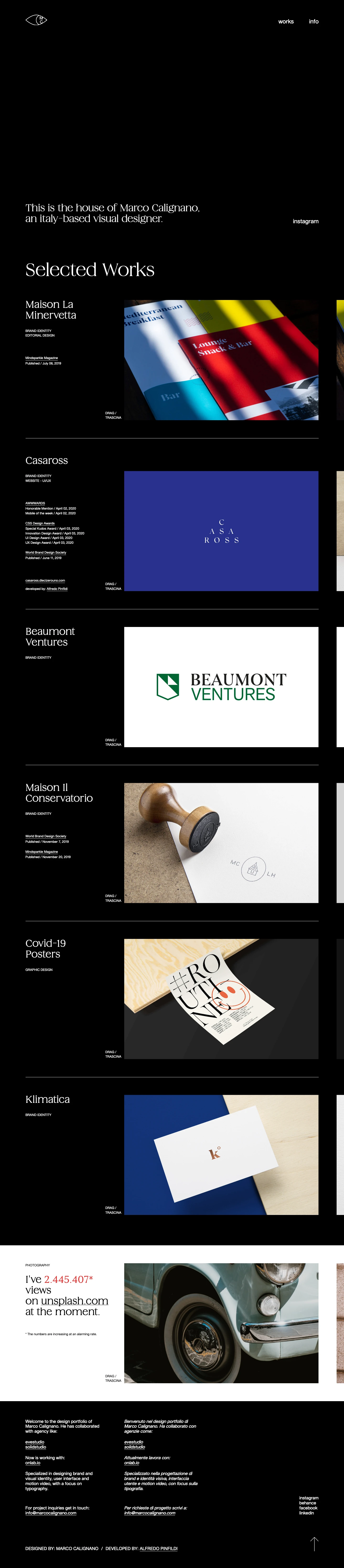 Marco Calignano Landing Page Example: An italy-based visual designer. Specialized in designing brand and visual identity, user interface and motion video, with a focus on typography. 