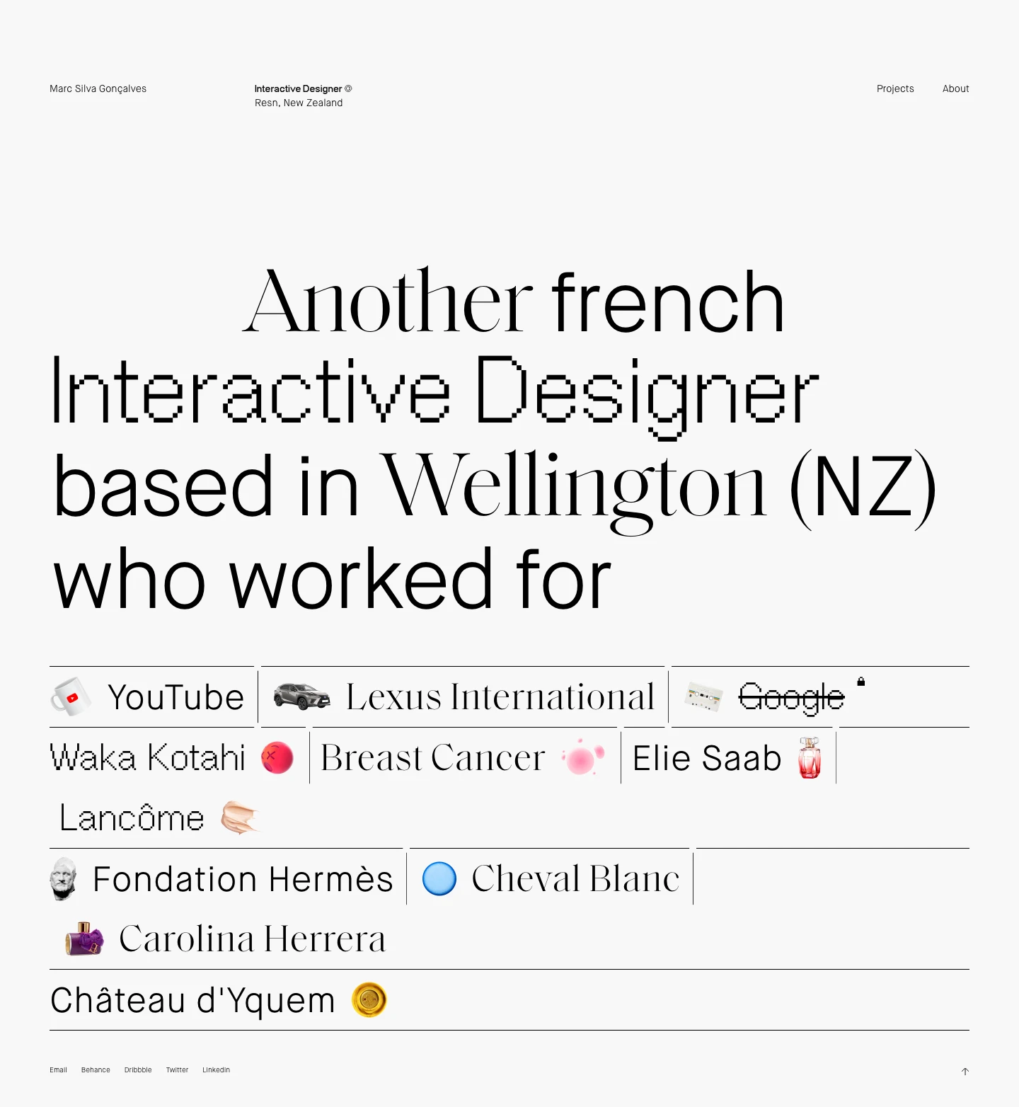 Marc Silva Gonçalves Landing Page Example: Selected works of Marc Silva Gonçalves - Interactive Designer based in Wellington, New Zealand. I specialize in experiential, e-commerce, and mobile websites for international brands and agencies.