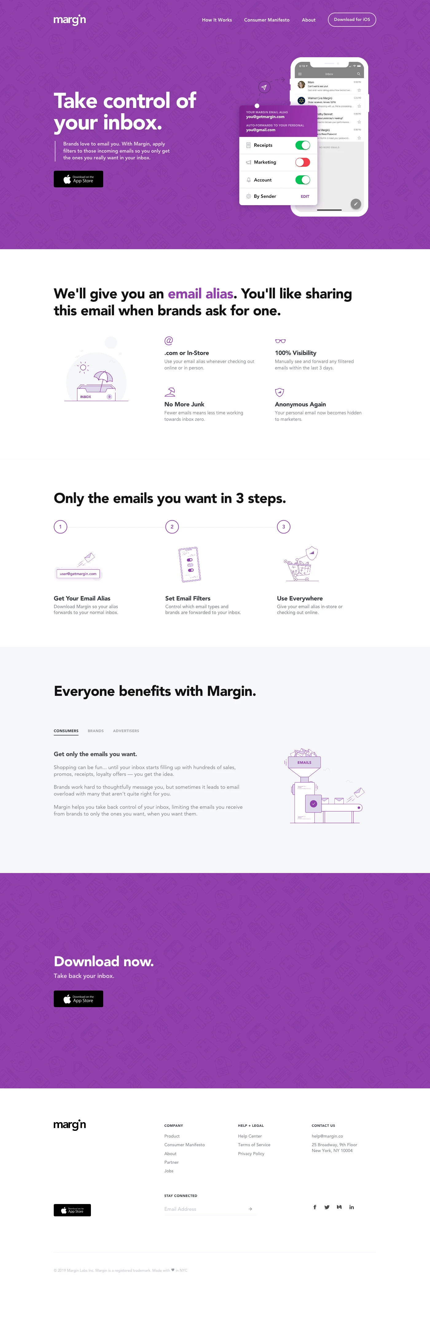 Margin Landing Page Example: Take back control of your inbox. With Margin, apply filters to incoming emails so you only get the ones you really want in your inbox.