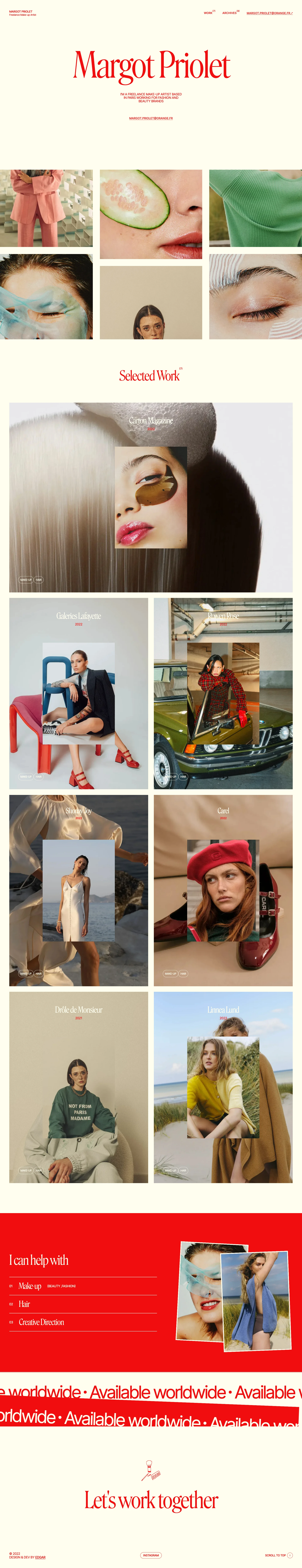 Margot Priolet Landing Page Example: I'm Margot Priolet, a freelance makeup artist working for fashion and beauty brands worldwide. I extend my services to hair and creative direction projects.