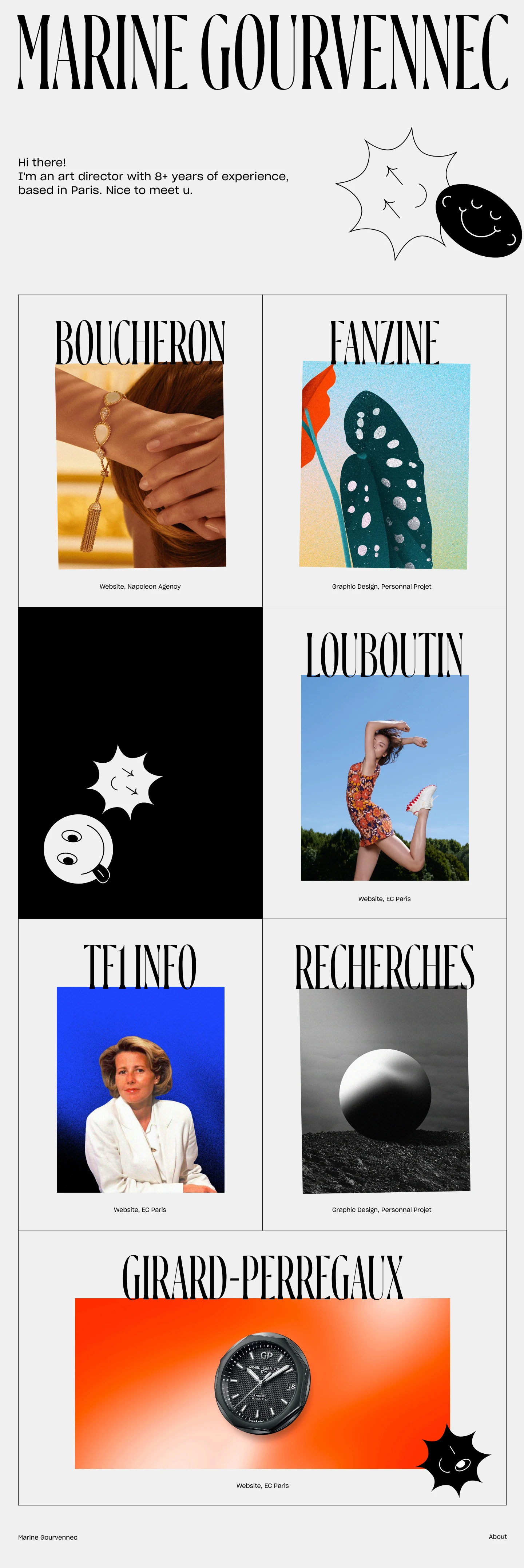 Marine Gourvennec Landing Page Example: I'm an art director with 8+ years of experience, based in Paris. Nice to meet u.
