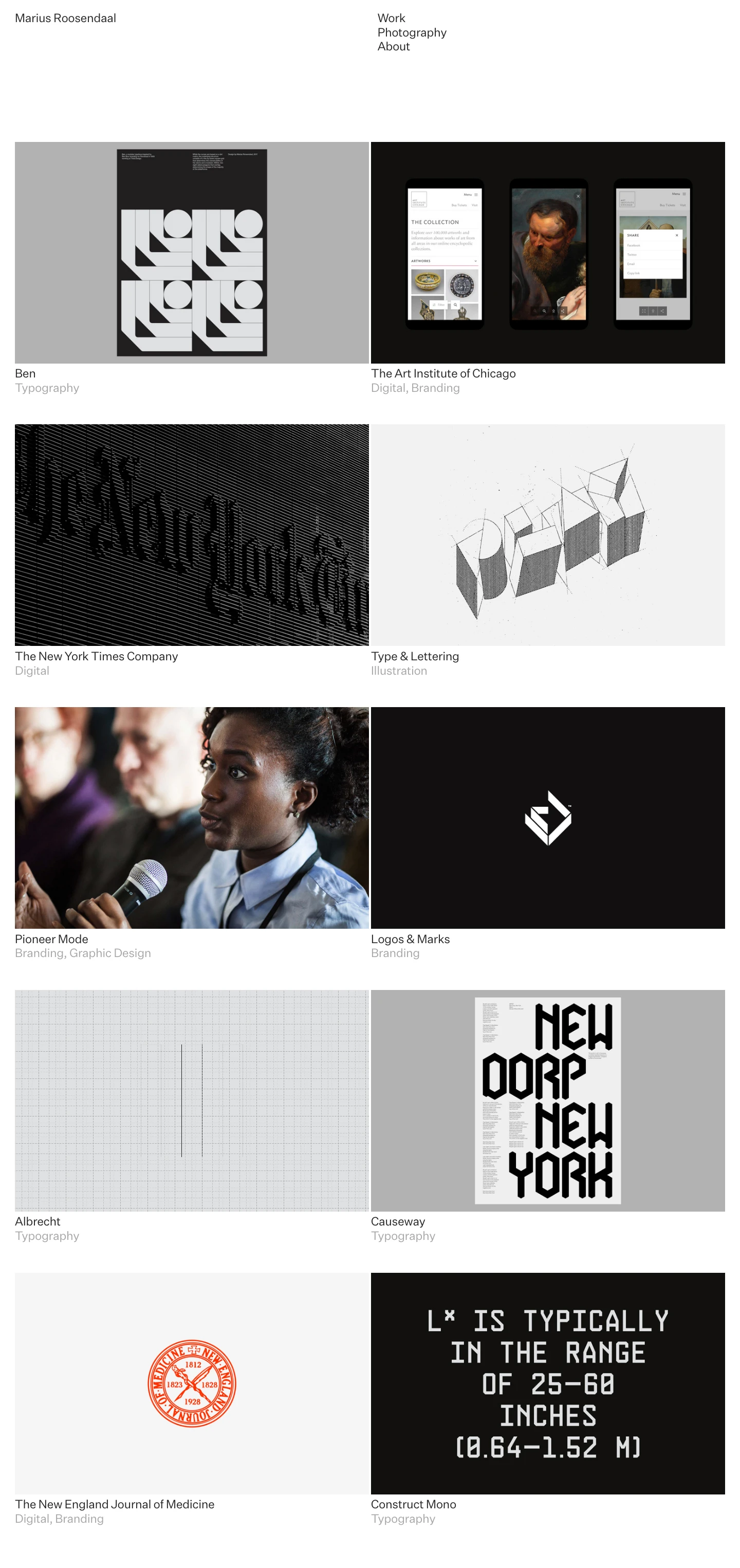 Marius Roosendaal Landing Page Example: Fueled by curiosity Marius finds himself in a process of continuous iteration and experimentation. Fascinated by systems he searches for new and surprising connections. Often with bold shapes and contrast, his work is consistent and sophisticated. He aims to draw the viewer in using geometric plays, repetition and perspective—showing complexity within uncomplicated layouts.