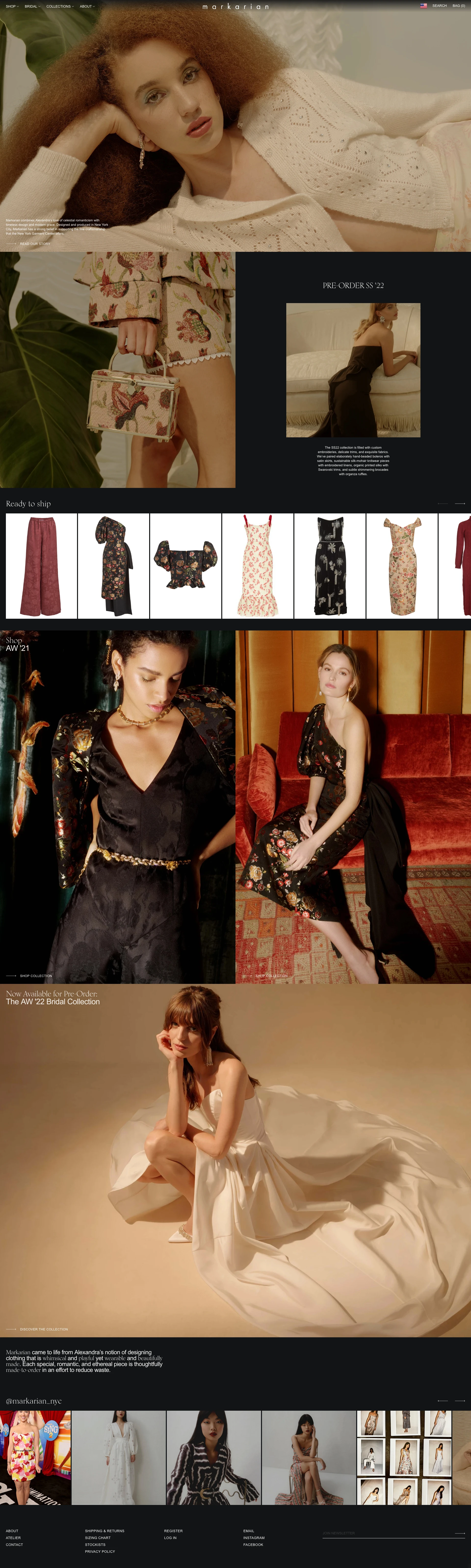 Markarian Landing Page Example: Markarian combines Alexandra’s love of celestial romanticism with timeless design and modern grace. Designed and produced in New York City, Markarian has a strong belief in supporting the fine craftsmanship that the New York Garment Center offers. 
