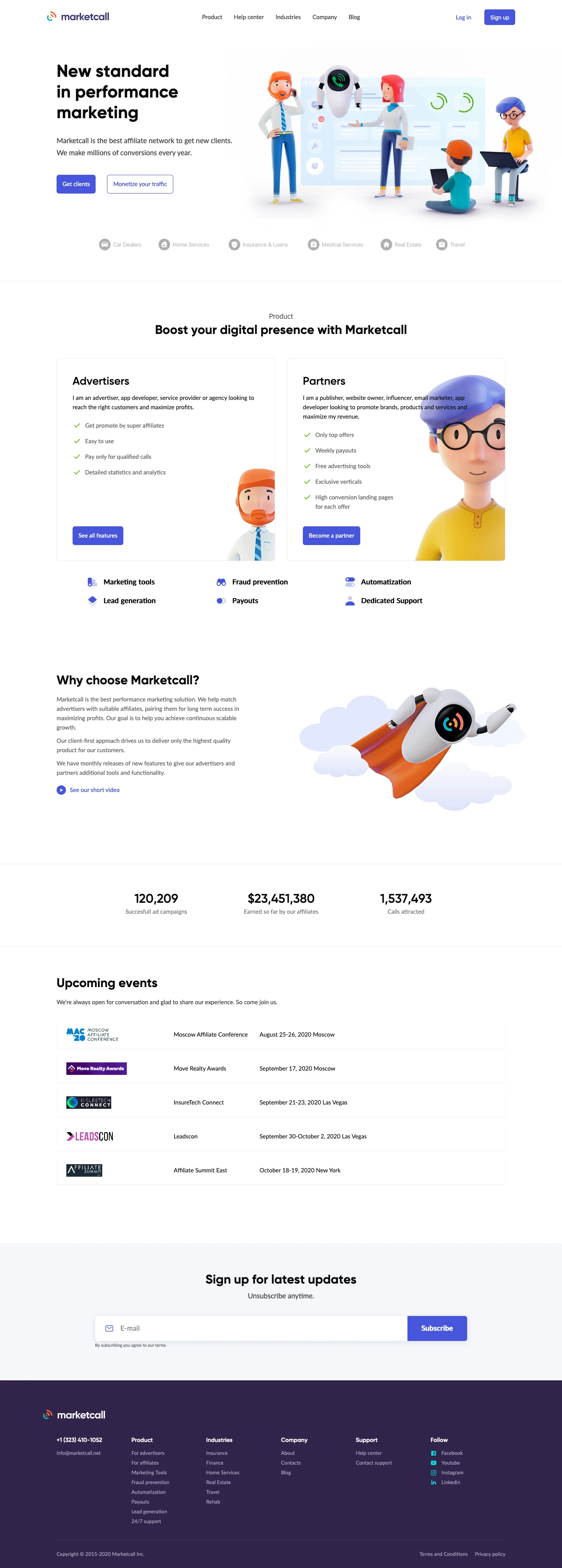 Marketcall Landing Page Example: New standard in performance marketing. Marketcall is the best affiliate network to get new clients. We make millions of conversions every year.