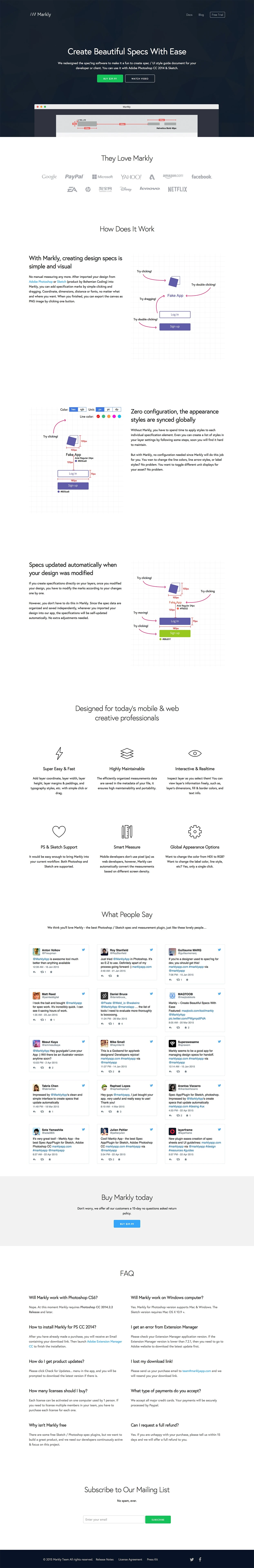 Markly App Landing Page Example: Markly is a fun way to create and design specs for your design works. It is maded for today's web and mobile designers, with Adobe Photoshop CC & Sketch supported. Best Sketch / Photoshop spec plugin!