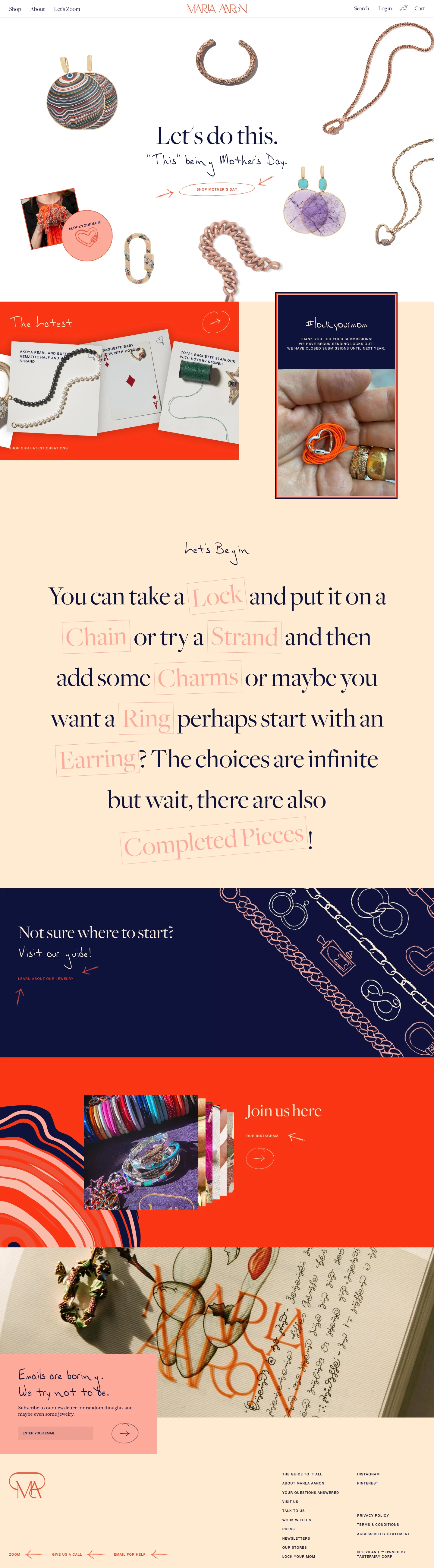 Marla Aaron Landing Page Example: We are a rebellious little jewelry company in the ❤️ of NYC. We are sold online, virtually, & at select eclectic stores.