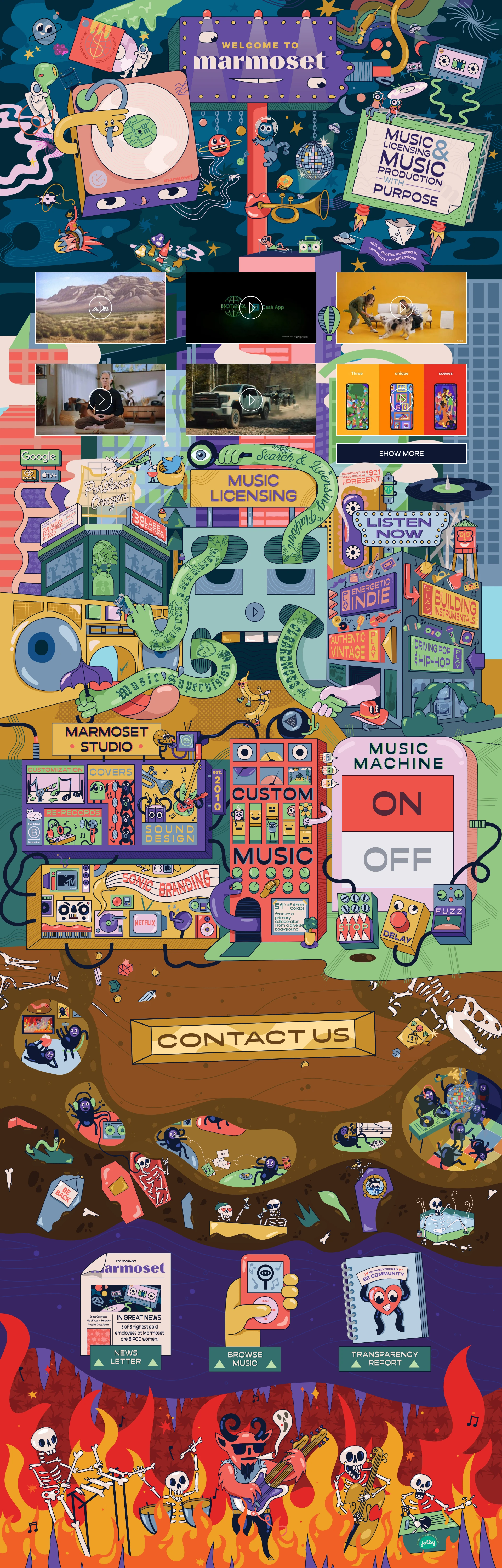 Marmoset Landing Page Example: Meticulously curated premium music licensing. With Marmoset agency, find up-and-coming bands, vintage recordings and rare music for all of your licensing needs.