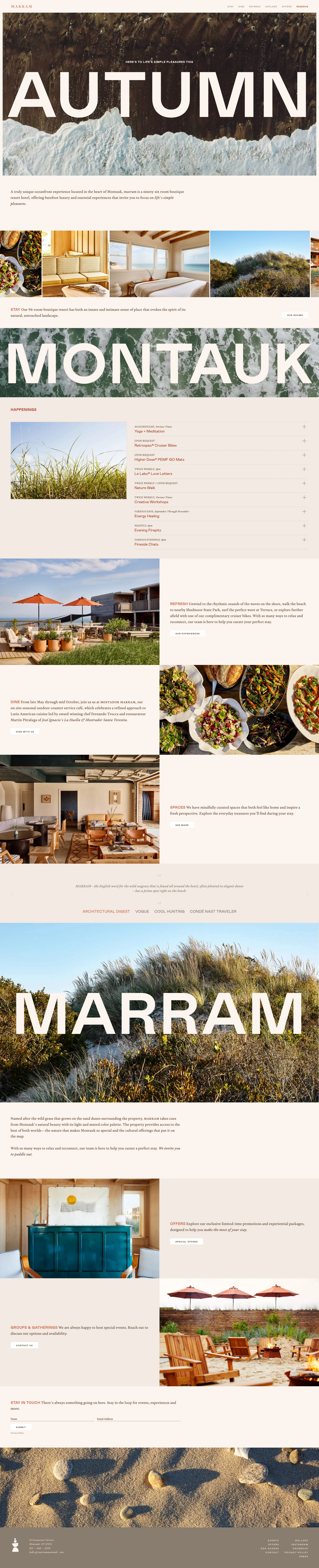 MARRAM Landing Page Example: The only oceanfront, barefoot luxury boutique resort in the heart of Montauk, Marram offers grounded, essential experiences that invite guests to engage with their surroundings. The 96-room hotel has both an innate and intimate sense of place that evokes the spirit of its natural, untouched landscape.