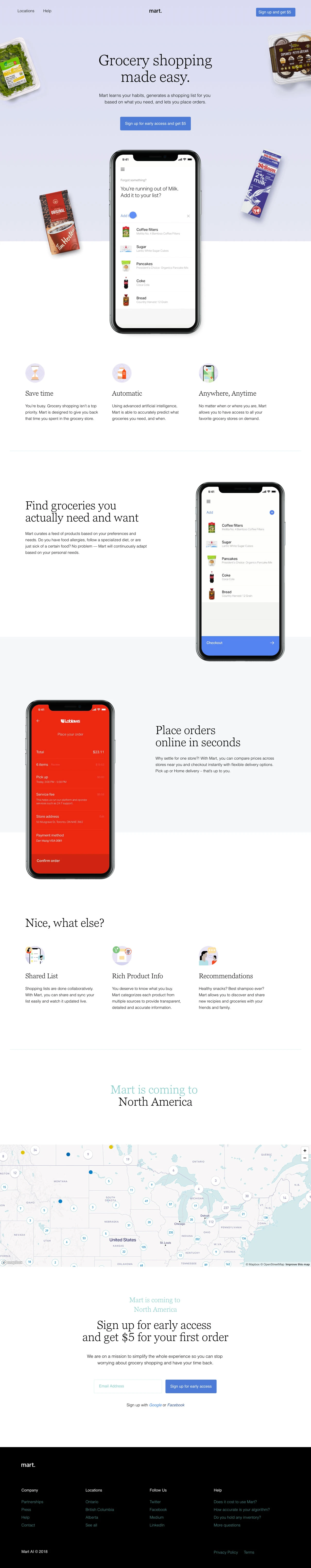 Mart Landing Page Example: Mart learns your habits, generates a shopping list for you based on what you need, and lets you place orders.