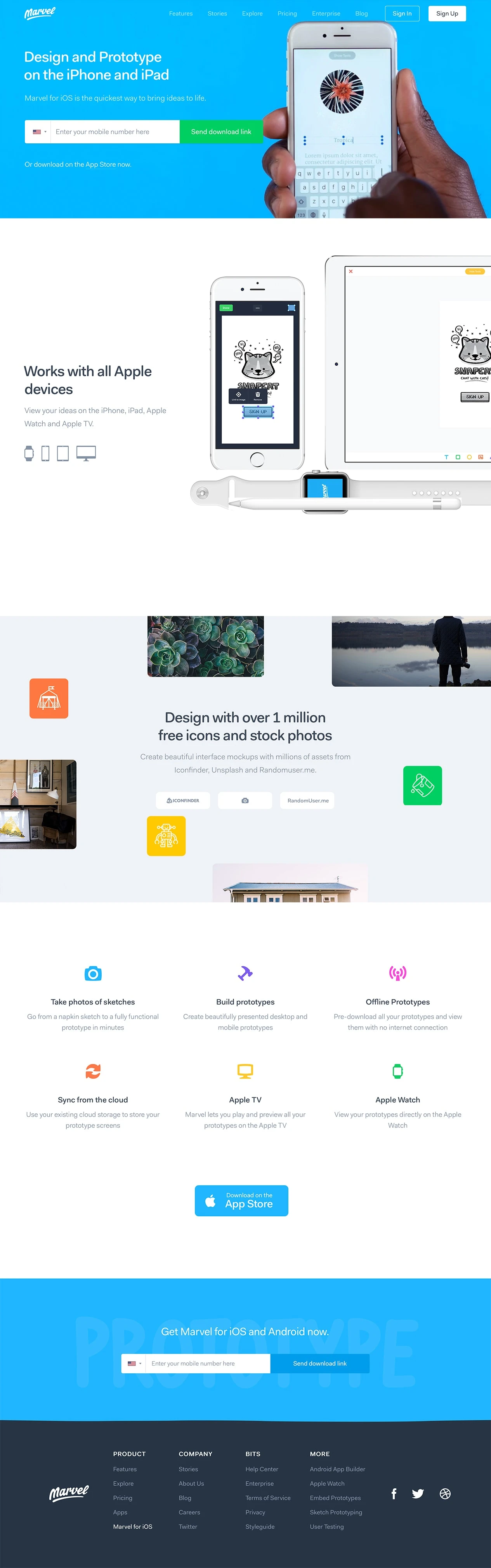 Marvel for iOS Landing Page Example: Sketch and build your app idea with our powerful iPhone and Android apps. Build iPhone prototypes