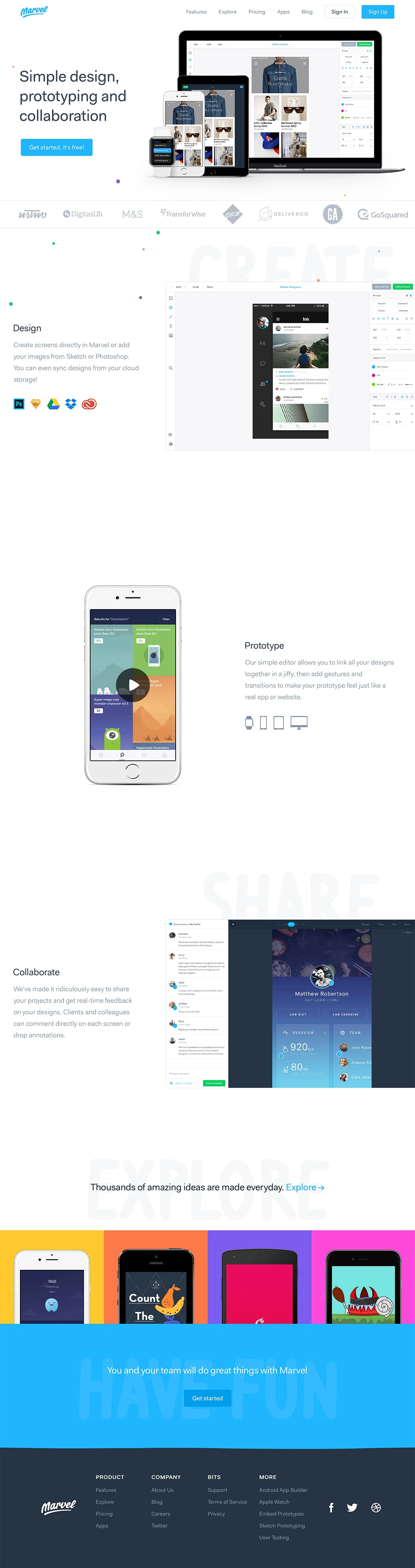 Marvel Landing Page Example: Turn sketches, mockups and designs into web, iPhone, iOS, Android and Apple Watch app prototypes.