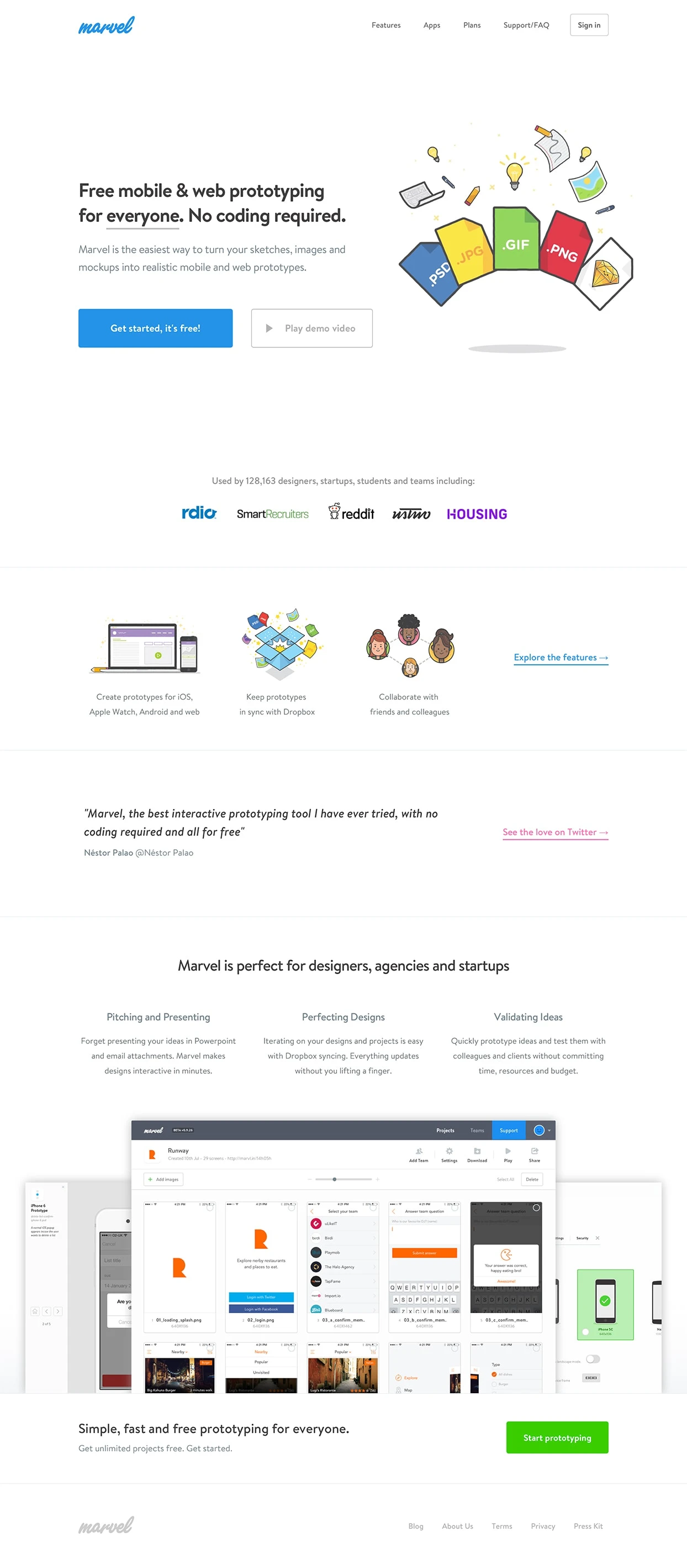 Marvel Prototyping Landing Page Example: Turn sketches, mockups and designs into web, iPhone, iOS, Android and Apple Watch app prototypes.