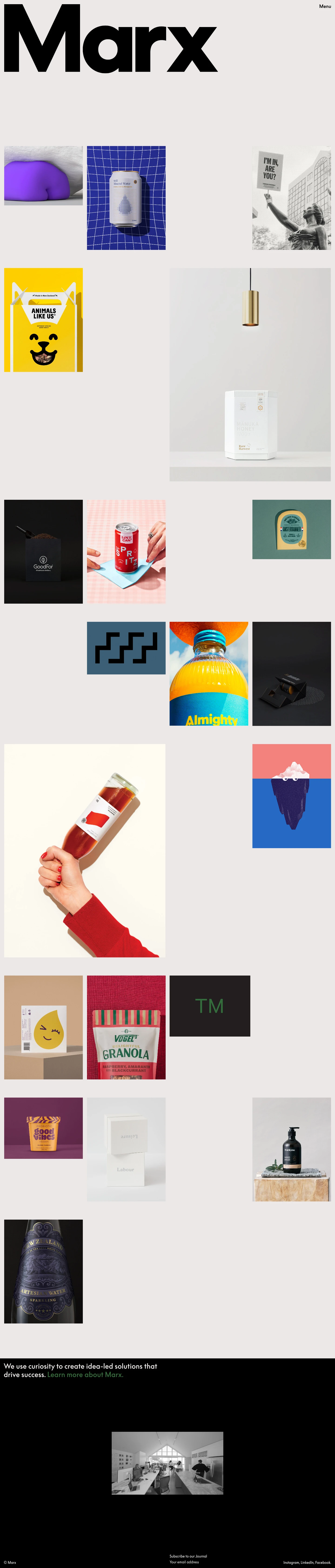 Marx Design Landing Page Example: We use curiosity to create idea-led solutions that drive success. We believe great design starts with an idea. A creative spark fuelled by a sense of curiosity that leads to a new way of finding a solution.