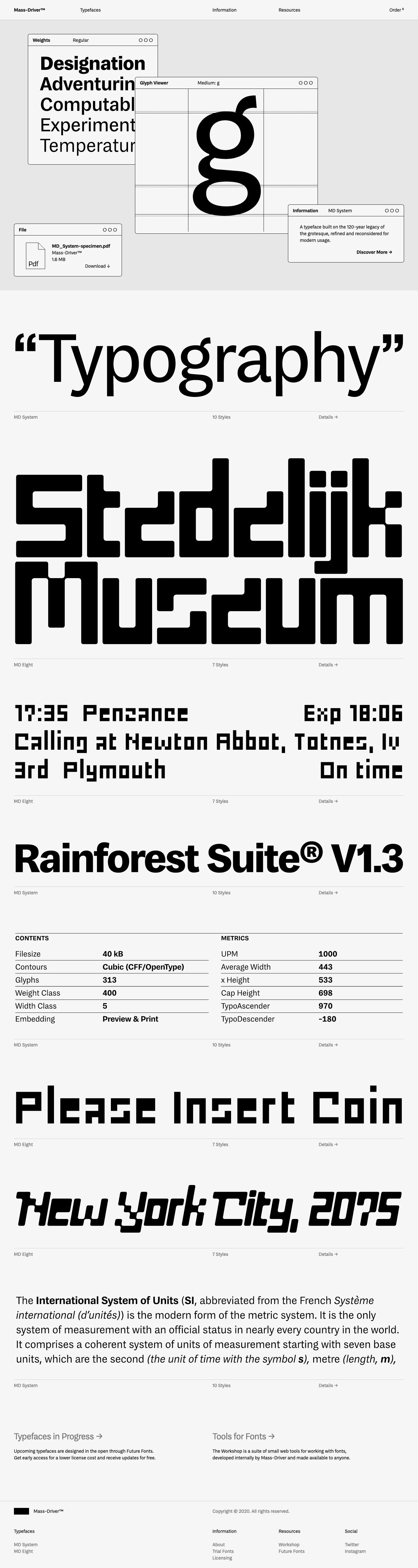 Mass-Driver Landing Page Example: Typeface design and font production studio. Mass-Driver works across disciplines to create high quality original fonts.