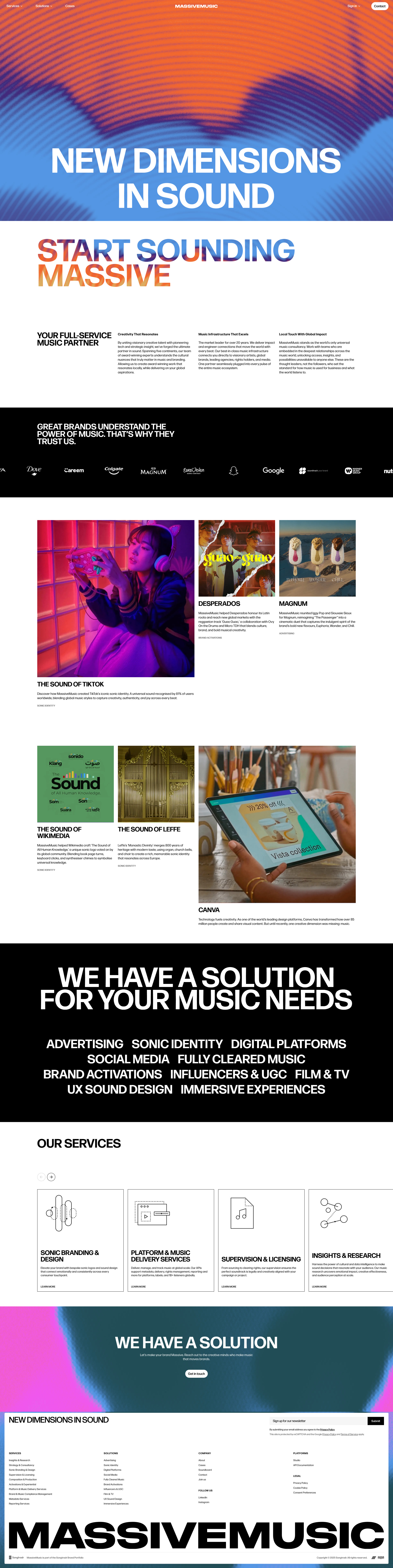 MassiveMusic Landing Page Example: The new MassiveMusic, part of the Songtradr brand portfolio, is the global music & sound partner for leading brands, agencies & platforms delivering creative, tech & licensing solutions.